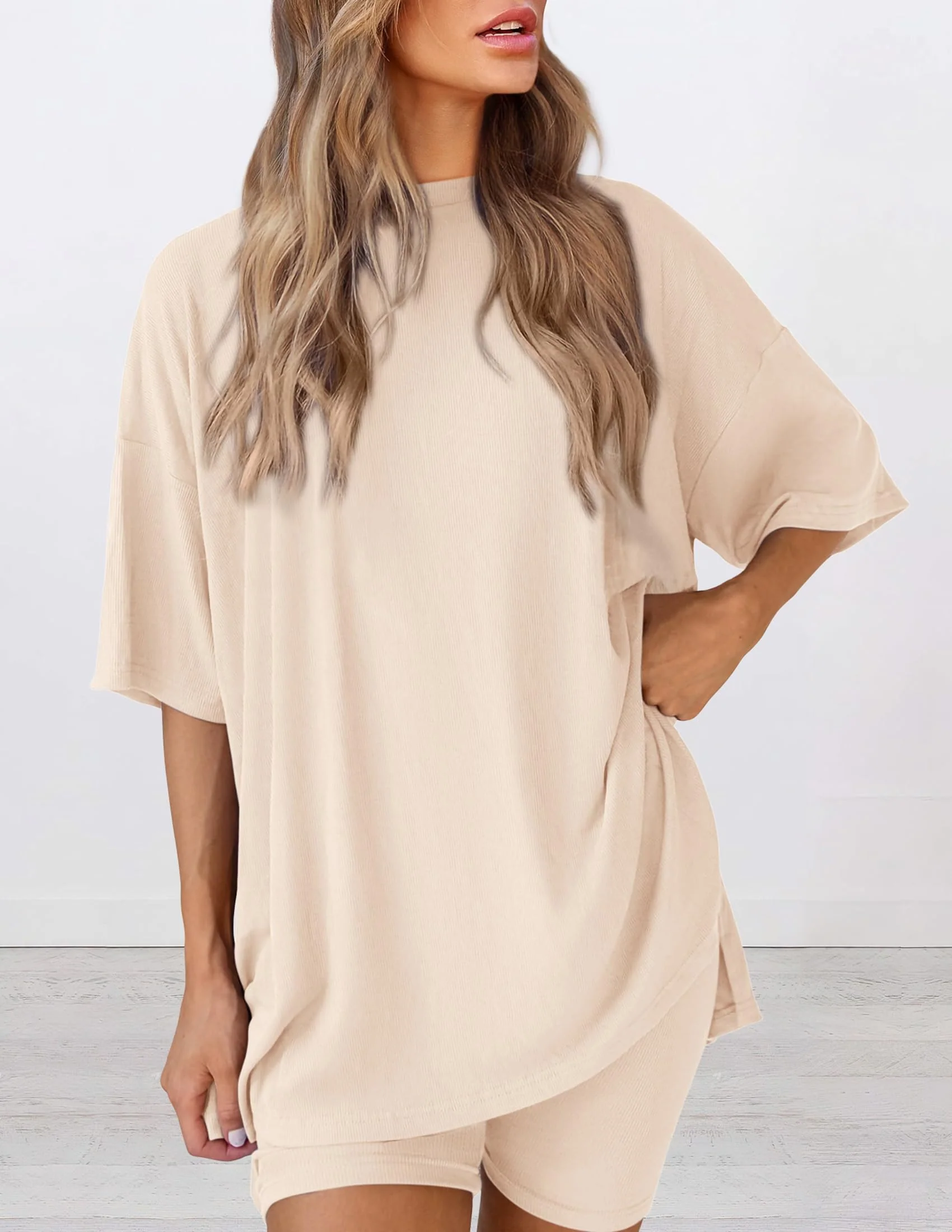 PRETTYGARDEN Women's Two Piece Lounge Set 2025 Summer Casual Oversized Shirts Biker Shorts Matching Airport Travel Outfit (Beige,Medium) - Image 3
