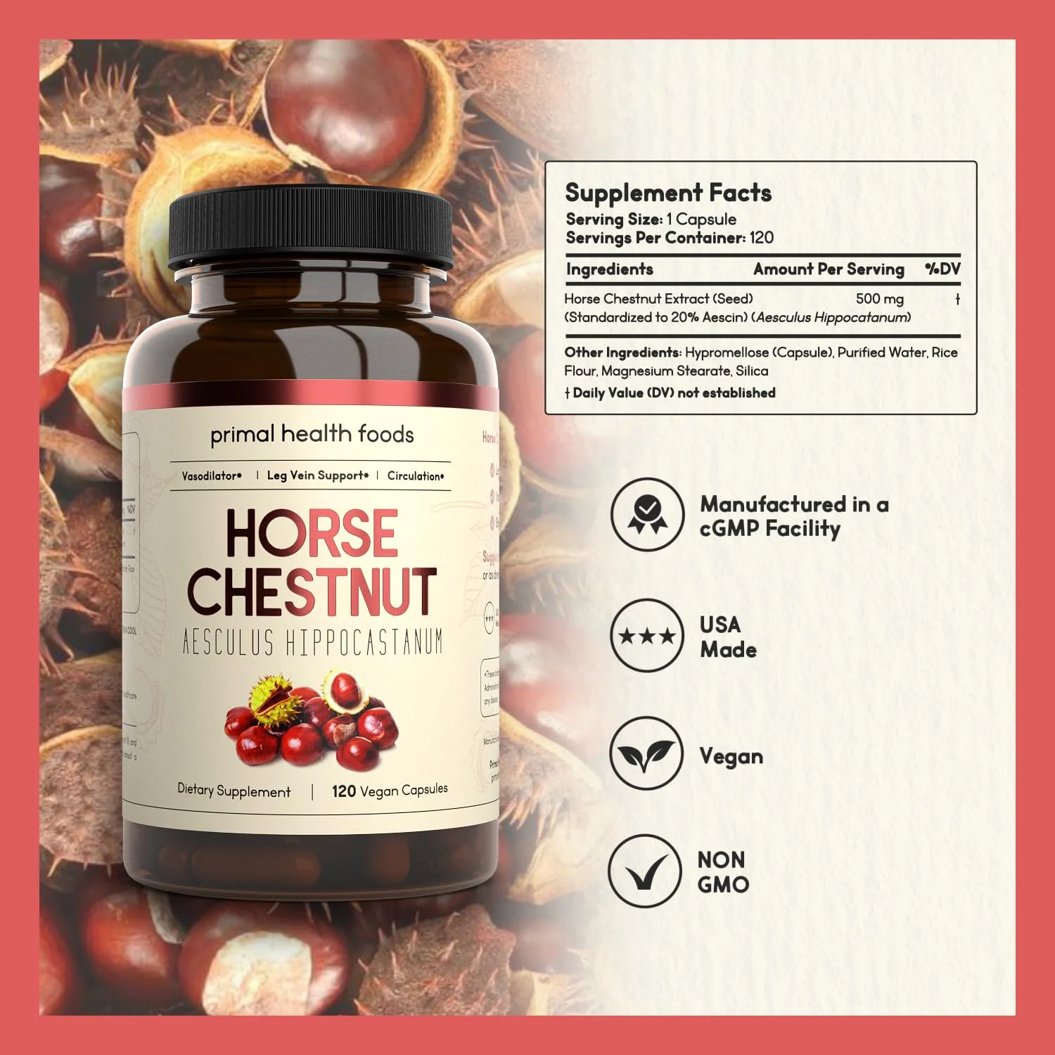 Primal Health Foods Horse Chestnut Extract 500 mg 120 Servings | Varicose Veins and Blood Vein Health | Vegetarian, Non-GMO & Gluten Free - Image 6