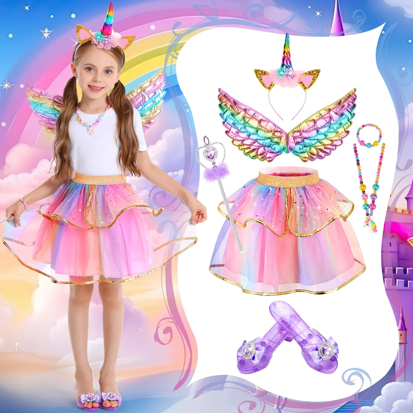 Princess Dress Up Fairy & Unicorn Costume for Girls 4-6, Toddler Dress with Tutu, Wings, Shoes, Jewelry, Headband Fairy Unicorn Toys for Girls Christmas Halloween Birthday Gift Toys - Image 6