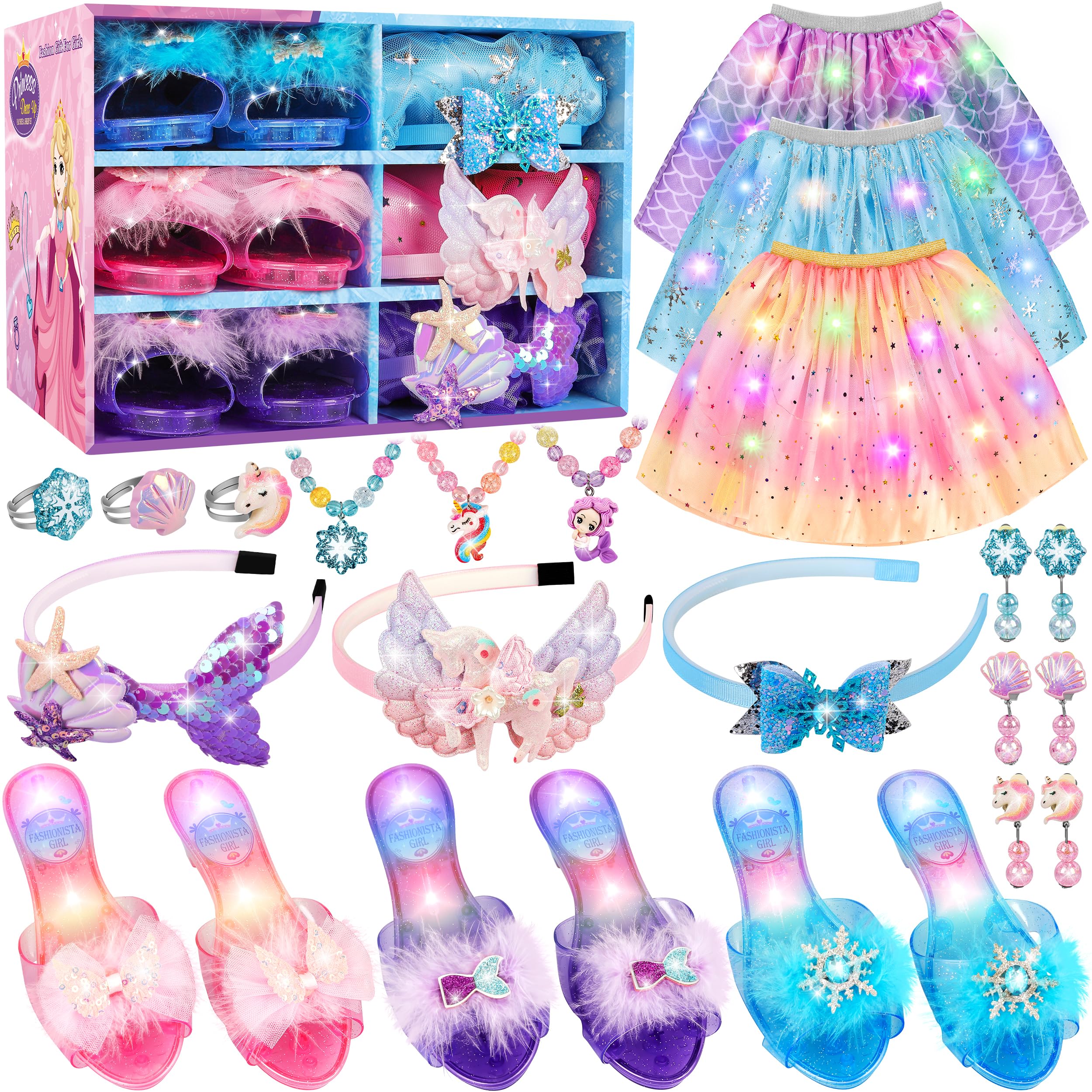Princess Dress Up for Girls, Toddler Toys for Ages 3-8, 3 PCS Light Up Toddler Dress Up Clothes with Accessories, Kids Toys for 3 4 5 6 7 8 years Girl Christmas Halloween Birthday Gift