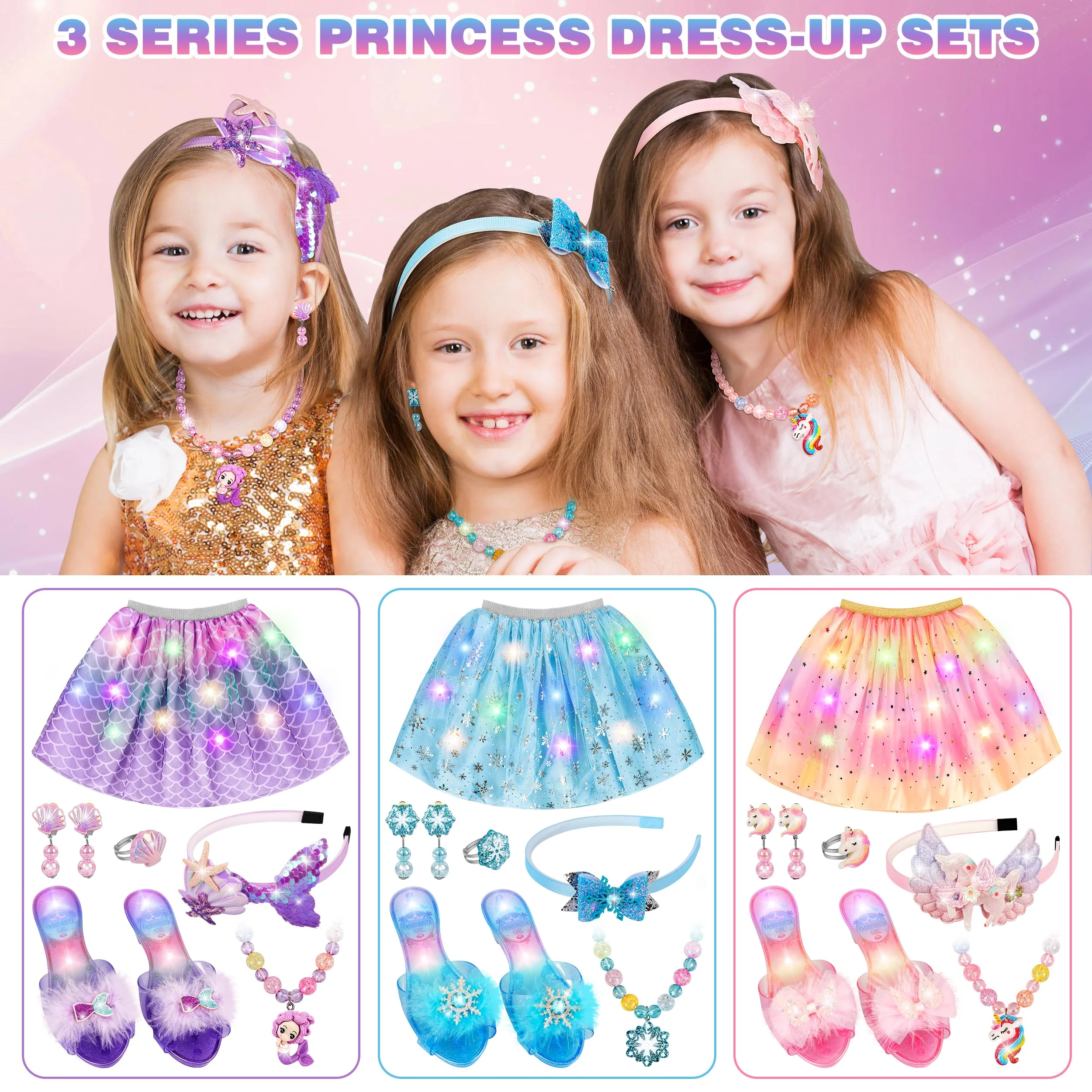 Princess Dress Up for Girls, Toddler Toys for Ages 3-8, 3 PCS Light Up Toddler Dress Up Clothes with Accessories, Kids Toys for 3 4 5 6 7 8 years Girl Christmas Halloween Birthday Gift - Image 4