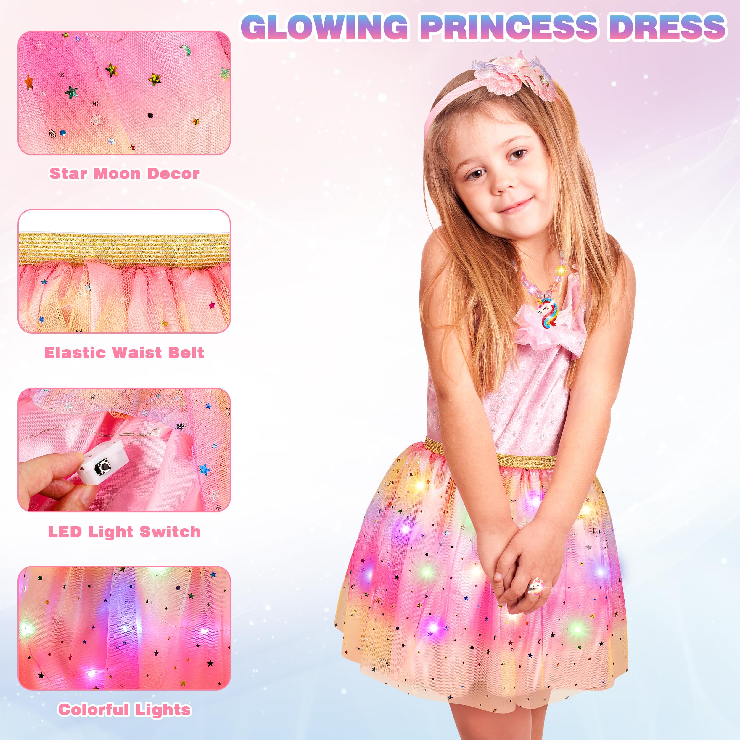 Princess Dress Up for Girls, Toddler Toys for Ages 3-8, 3 PCS Light Up Toddler Dress Up Clothes with Accessories, Kids Toys for 3 4 5 6 7 8 years Girl Christmas Halloween Birthday Gift - Image 6