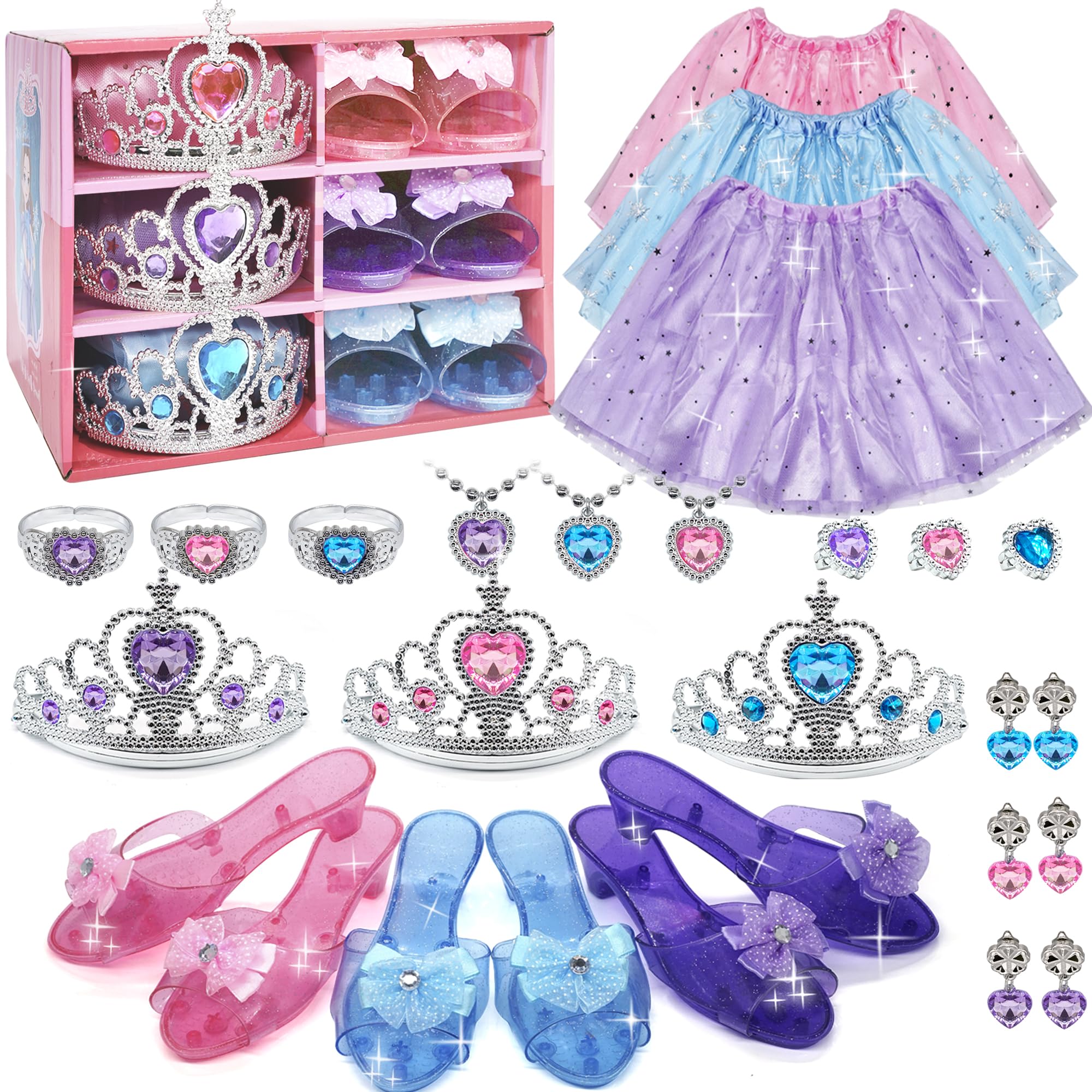 Princess Dress Up for Girls - Toddlers Clothes with Skirts, Shoes, Crown & Play Jewelry, Princess Costume Toys for Girls Age 3,4,5,6 Year Old, Kids Shoes Role Play Gift Idea for Birthday Christmas
