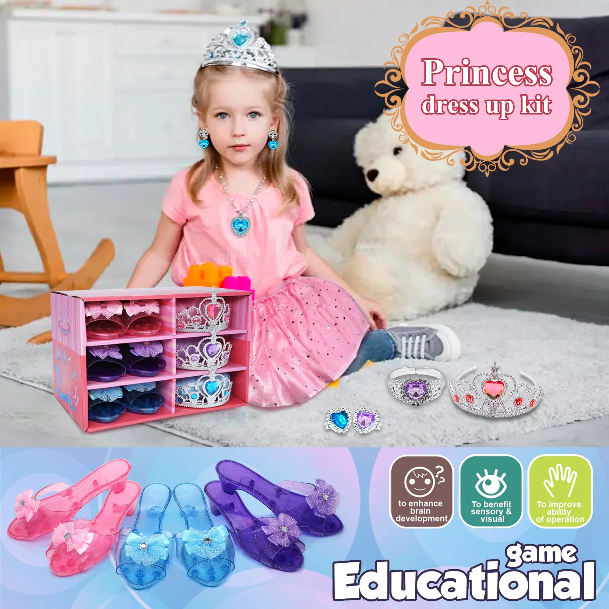 Princess Dress Up for Girls - Toddlers Clothes with Skirts, Shoes, Crown & Play Jewelry, Princess Costume Toys for Girls Age 3,4,5,6 Year Old, Kids Shoes Role Play Gift Idea for Birthday Christmas - Image 3