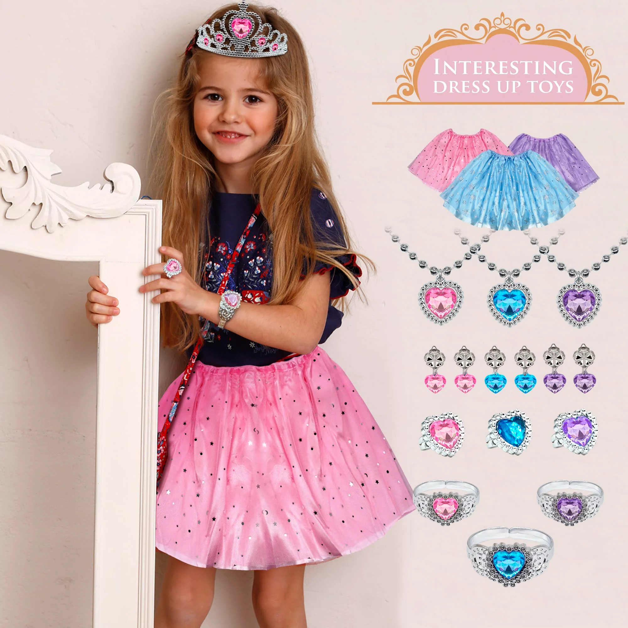 Princess Dress Up for Girls - Toddlers Clothes with Skirts, Shoes, Crown & Play Jewelry, Princess Costume Toys for Girls Age 3,4,5,6 Year Old, Kids Shoes Role Play Gift Idea for Birthday Christmas - Image 7