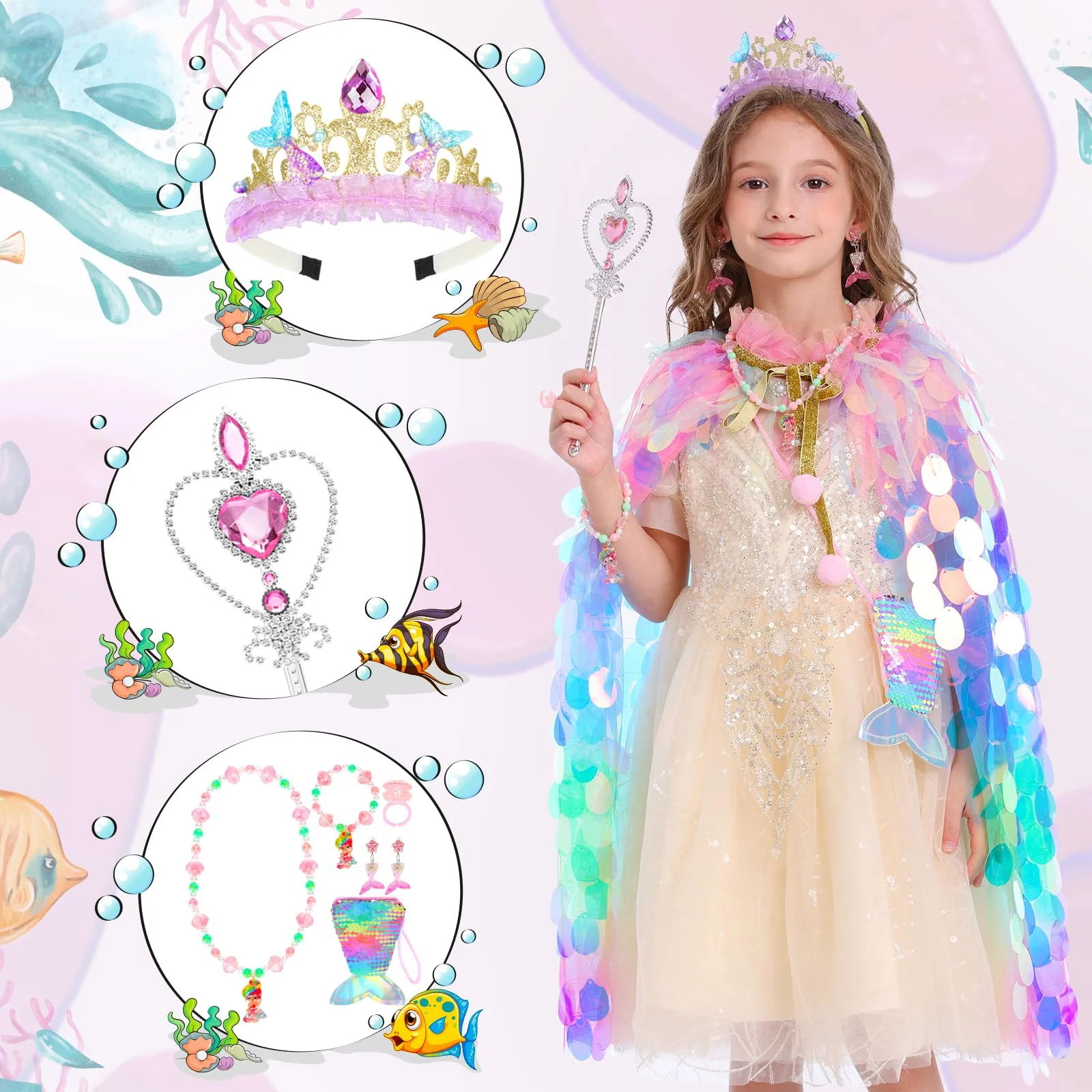 Princess Dress Up Toys Princess Dress Up Clothes Rainbow Mermaid Cape Kit 9 Pcs Gift Set for Little Girls 3-8 Years Old, Great Gift Set for Birthday Christmas Halloween (Rainbow Multi-Color) - Image 4