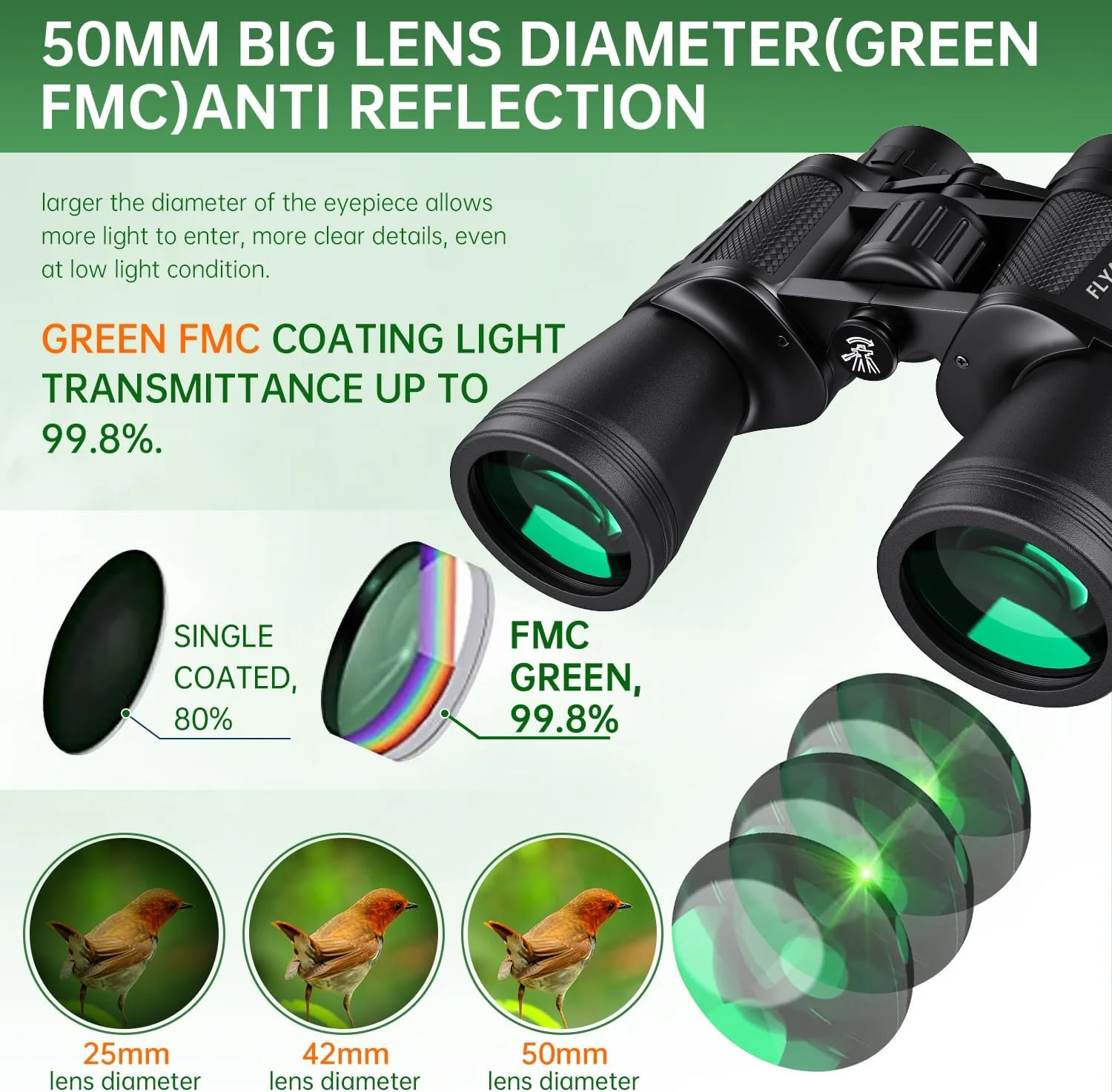 Prismáticos de alta potencia de 20 x 50 para adultos, binoculares compactos impermeables con visión de poca luz para observación de aves, caza, juegos de fútbol, viajes, observación de estrellas, - Image 5