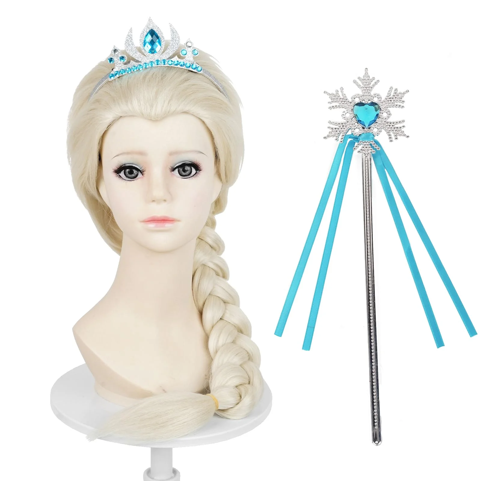 Probeauty Long Blonde Braided Wig for Girls Princess Cosplay, Kids Costume Wig with Magic Wand Crown for Halloween Christmas Birthday Party - Image 3