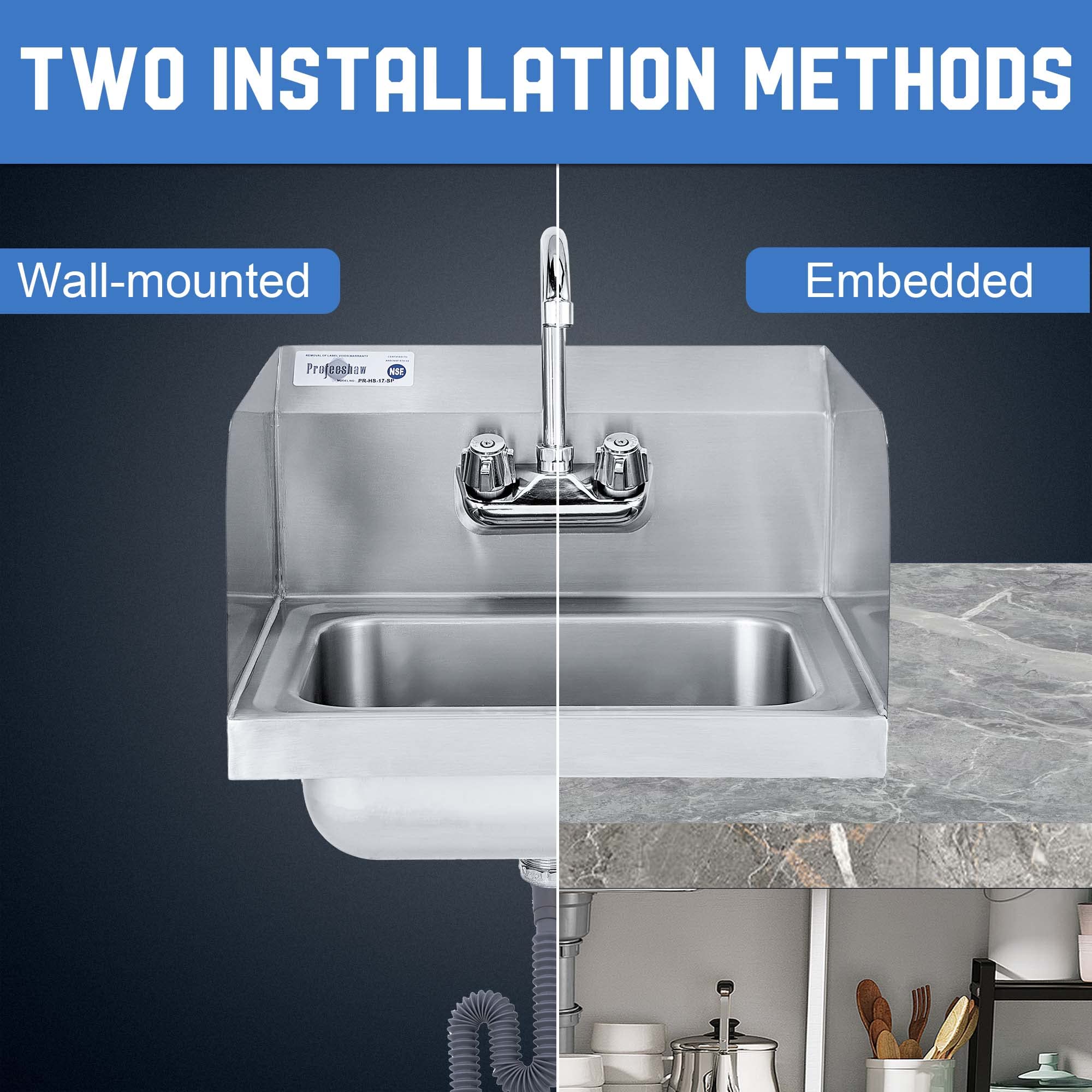Profeeshaw Stainless Steel Sink Commercial Wall Mount Hand Washing Basin NSF Certified, with Gooseneck Faucet and Side Splash Guard, for Restaurants, Stores, Bars and Home, 17" x 15" … - Image 3
