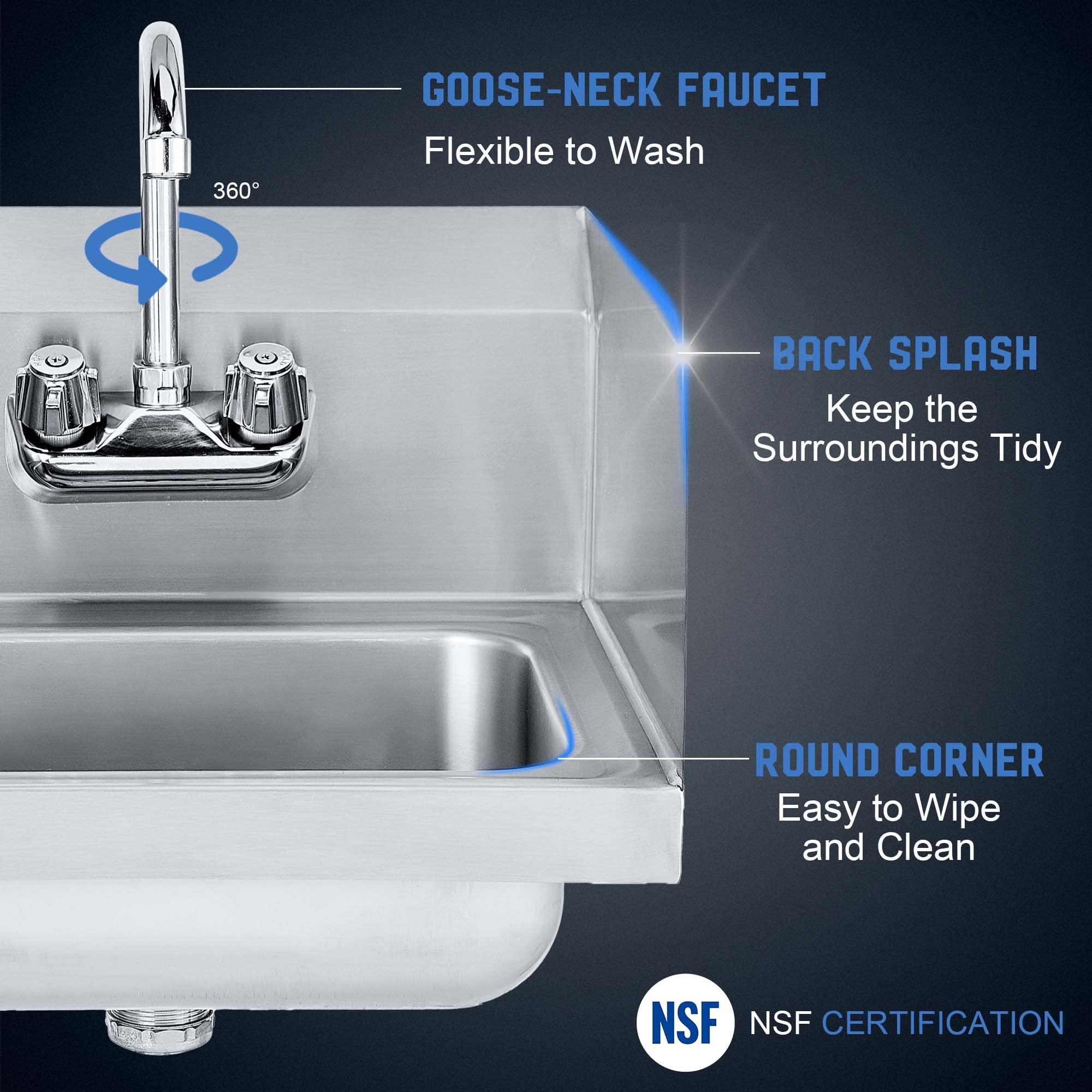 Profeeshaw Stainless Steel Sink Commercial Wall Mount Hand Washing Basin NSF Certified, with Gooseneck Faucet and Side Splash Guard, for Restaurants, Stores, Bars and Home, 17" x 15" … - Image 6