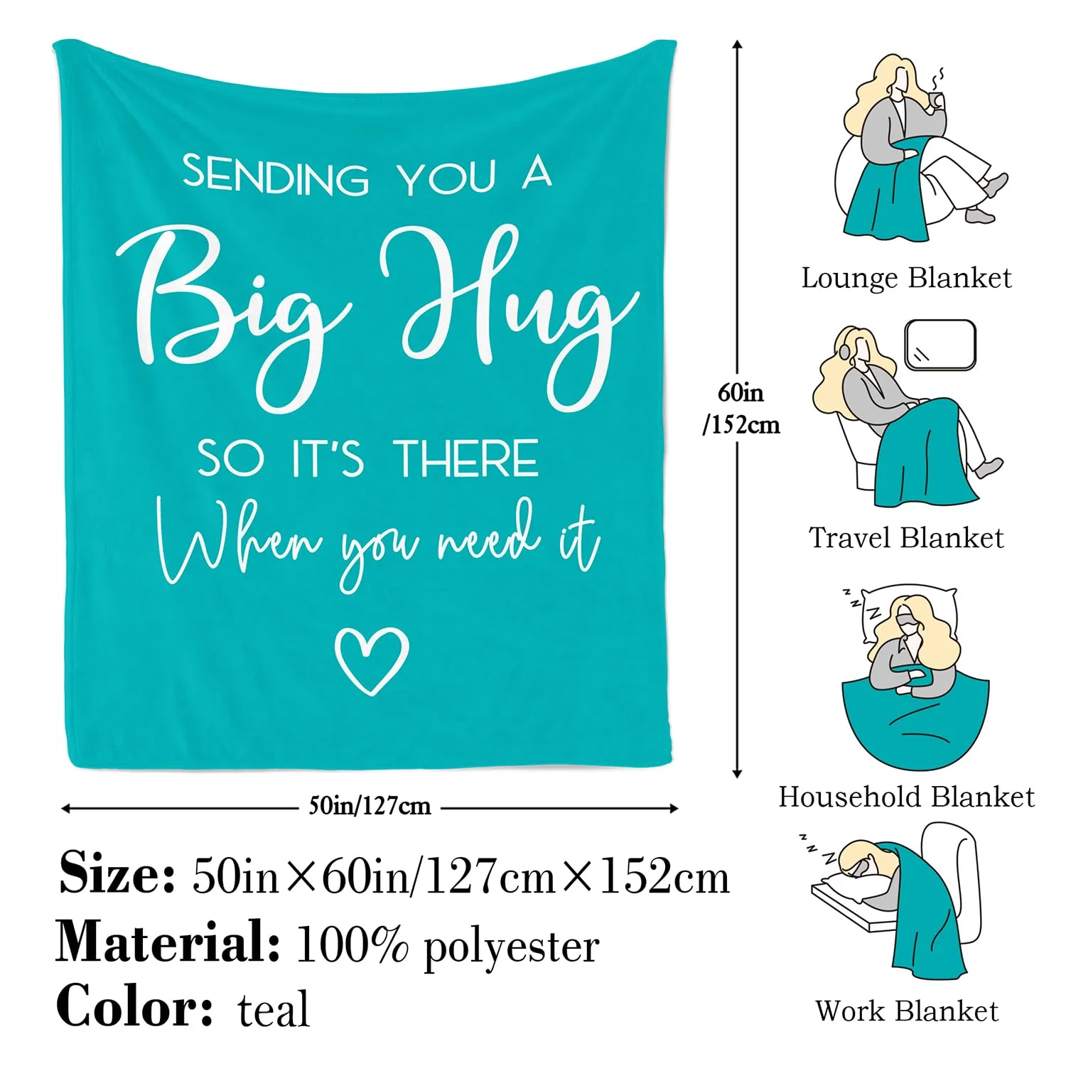 Pubrave Gifts for Women, Thinking of You/Cheer Up/Inspirational Gifts for Christmas/Birthday/Get Well, Hug/Love Blanket Teal 60x50in - Image 6