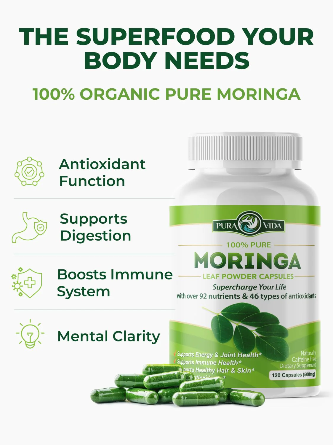PURA VIDA MORINGA Capsules Single Origin Moringa Powder Organic. Moringa Leaf. Energy, Metabolism, & Immune Support. 120ct. 500mg Caps. - Image 4