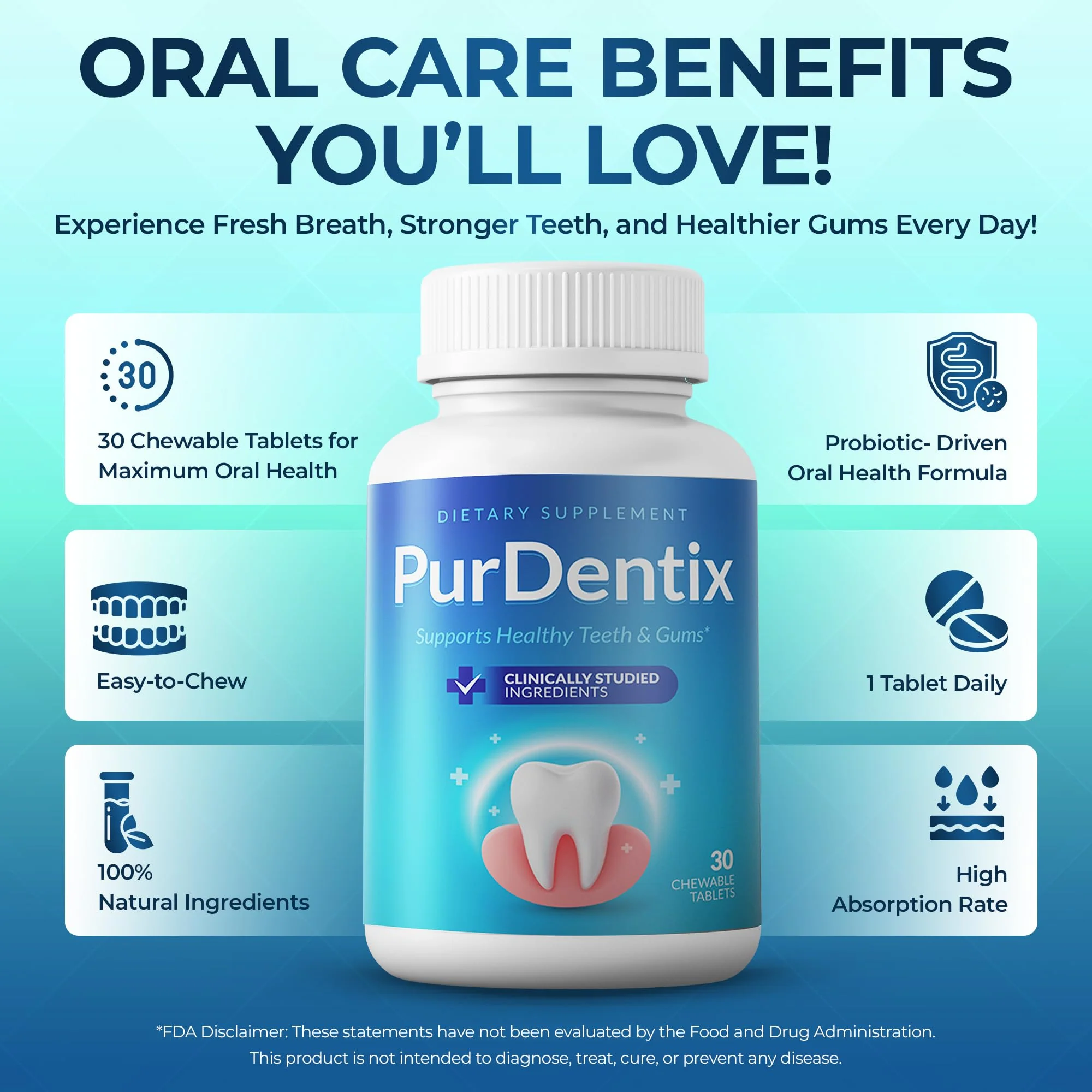 PurDentix Oral Health Probiotic – 4-Strain Formula for Healthy Gums, Teeth & Fresh Breath – 30 Chewable Tablets - Image 6