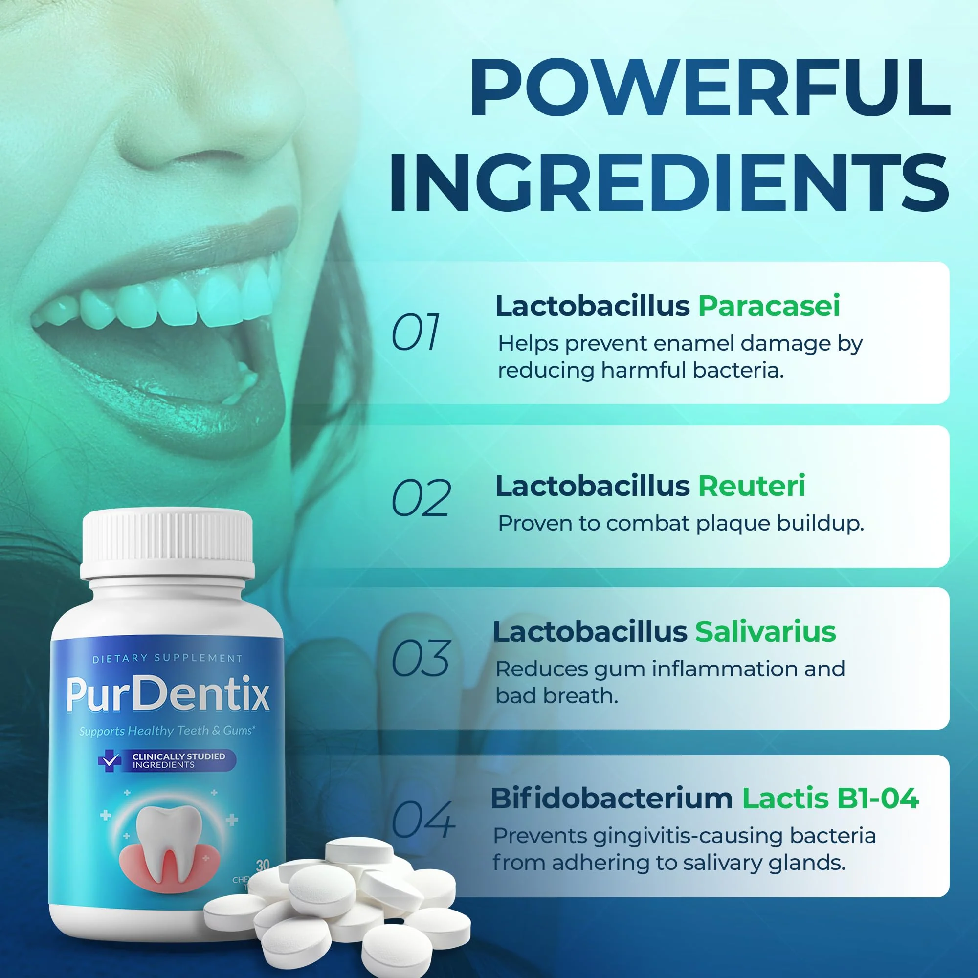 PurDentix Oral Health Probiotic – 4-Strain Formula for Healthy Gums, Teeth & Fresh Breath – 30 Chewable Tablets - Image 7
