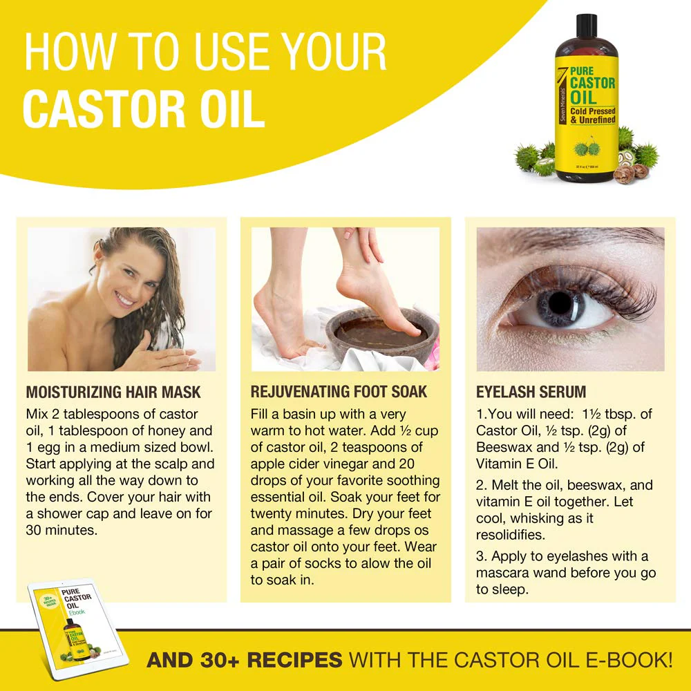 Pure Cold Pressed Castor Oil - Big 32 fl oz Bottle - Unrefined & Hexane Free - 100% Pure Castor Oil for Hair Growth, Thicker Eyelashes & Eyebrows, Dry Skin, Healing, Hair Care, Joint and Muscle Pain - Image 3