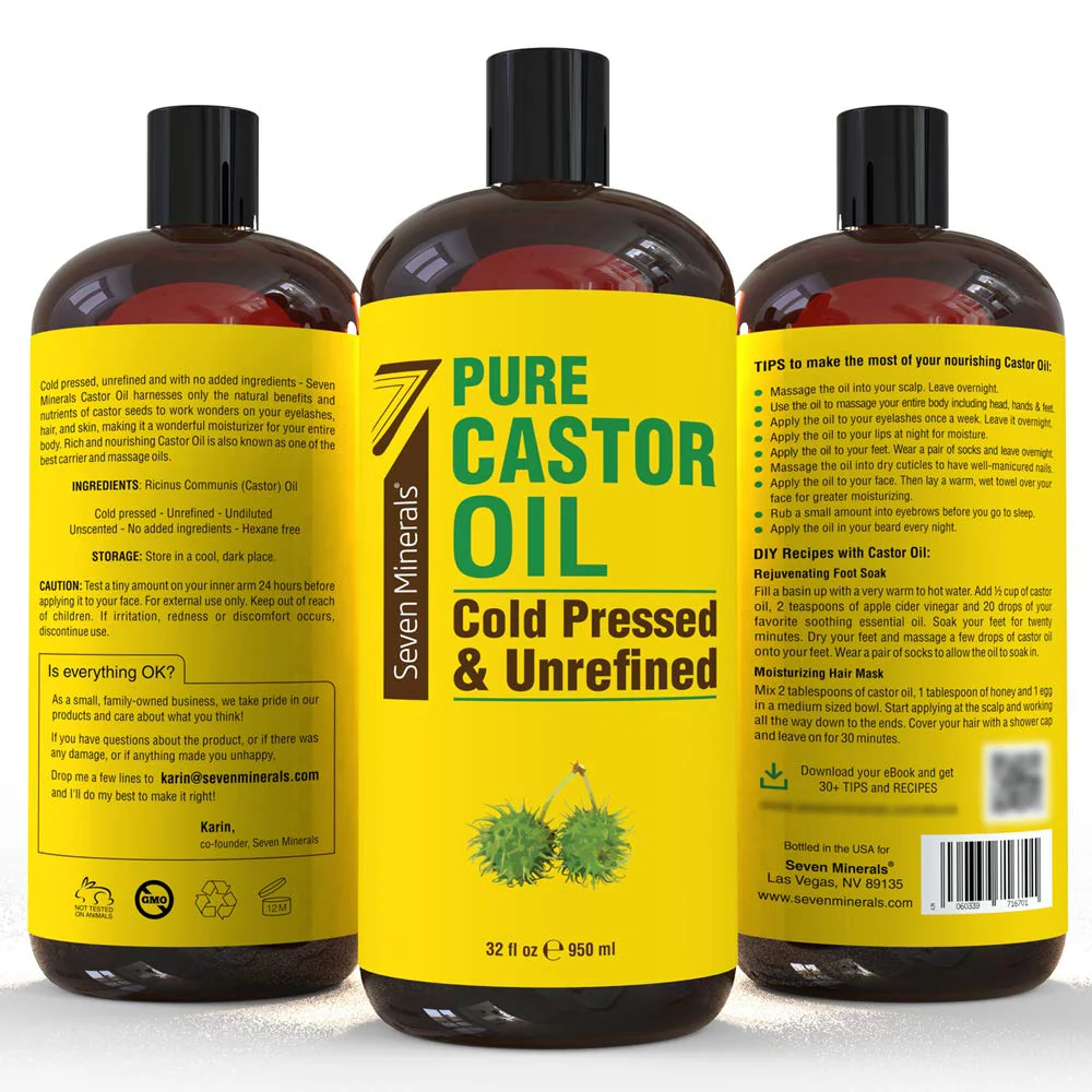 Pure Cold Pressed Castor Oil - Big 32 fl oz Bottle - Unrefined & Hexane Free - 100% Pure Castor Oil for Hair Growth, Thicker Eyelashes & Eyebrows, Dry Skin, Healing, Hair Care, Joint and Muscle Pain - Image 5