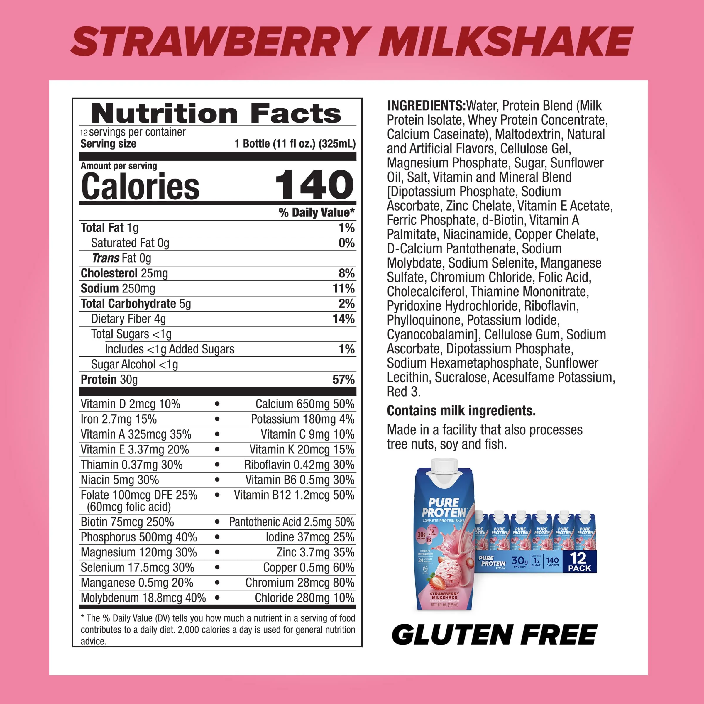 Pure Protein Strawberry Protein Shake, 30g Complete Protein, Ready to Drink and Keto-Friendly, Vitamins A, C, D, and E plus Zinc to Support Immune Health, 11oz Bottles, 12 Pack - Image 5