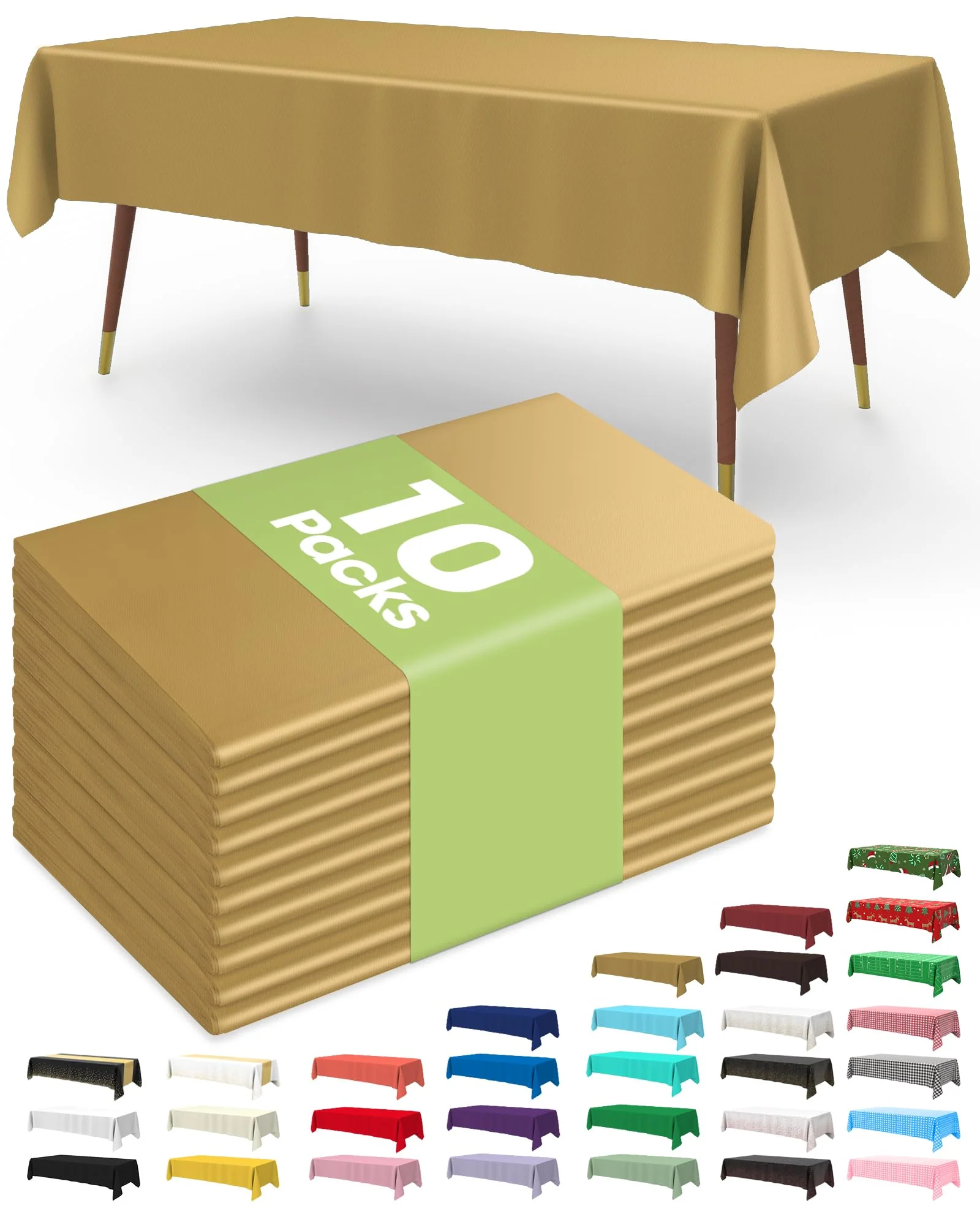 Pureegg Plastic Table Cloth Disposable 10 Pack, 54 x 108 Inch Table Cloths, Graduation Decorations, Thanksgiving, Christmas Tablecloths, Rectangle, Plastic Cover, Leakproof & Sturdy, Gold