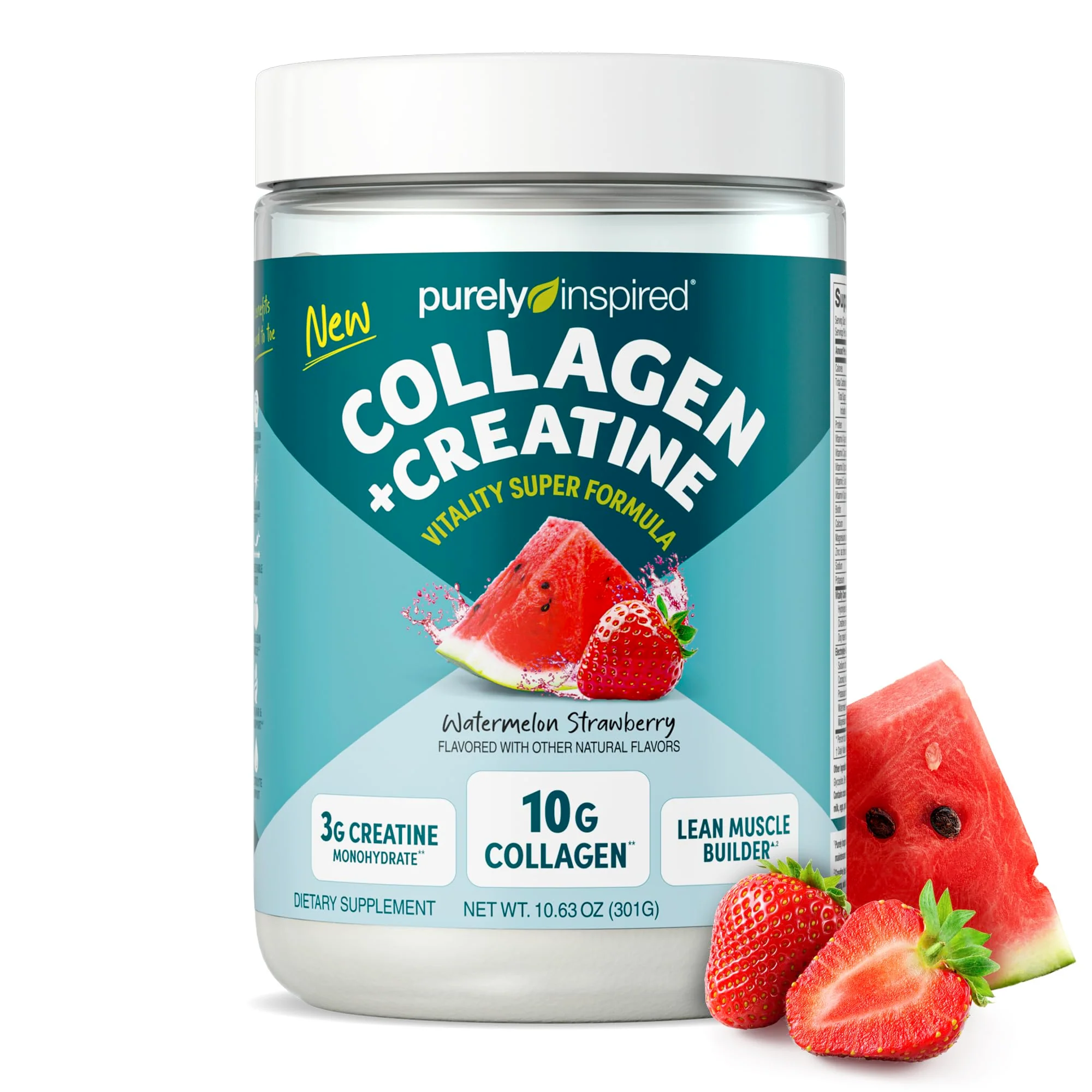 Purely Inspired Collagen and Creatine Powder, Watermelon Strawberry - 10g Collagen & 3g Creatine Builds Lean Muscle - Flavored Drink Mix with Key Electrolytes - Gluten-Free & Zero Sugar