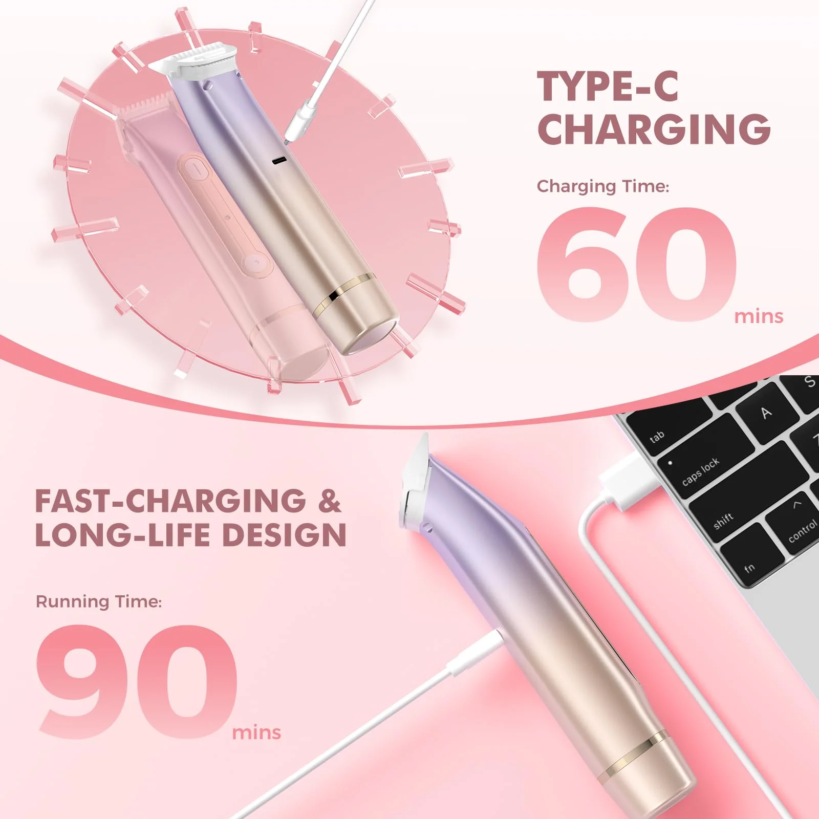 PVBKZ 2 in 1 Bikini Trimmer for Women, Dual Head Electric Razor, IPX7 Waterproof Wet/Dry Use Women Electric Shaver, Painless Body Facial Hair Remover for Bikini Legs Arm Underarm, Rechargeable - Image 5