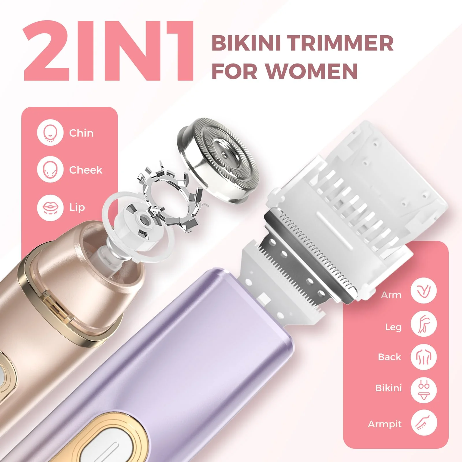 PVBKZ 2 in 1 Bikini Trimmer for Women, Dual Head Electric Razor, IPX7 Waterproof Wet/Dry Use Women Electric Shaver, Painless Body Facial Hair Remover for Bikini Legs Arm Underarm, Rechargeable - Image 8