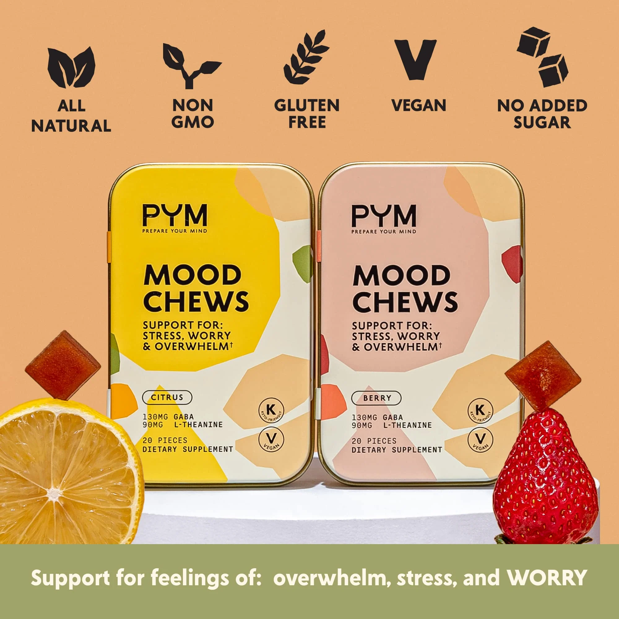 PYM Berry Mood Chews Support for Stress, Worry & Overwhelm, 60 Count | 130mg GABA, 90mg L-Theanine | Vegan, Non-GMO, Gluten-Free, No Added Sugar | All-Natural Mood Balance Supplement Made in USA - Image 7