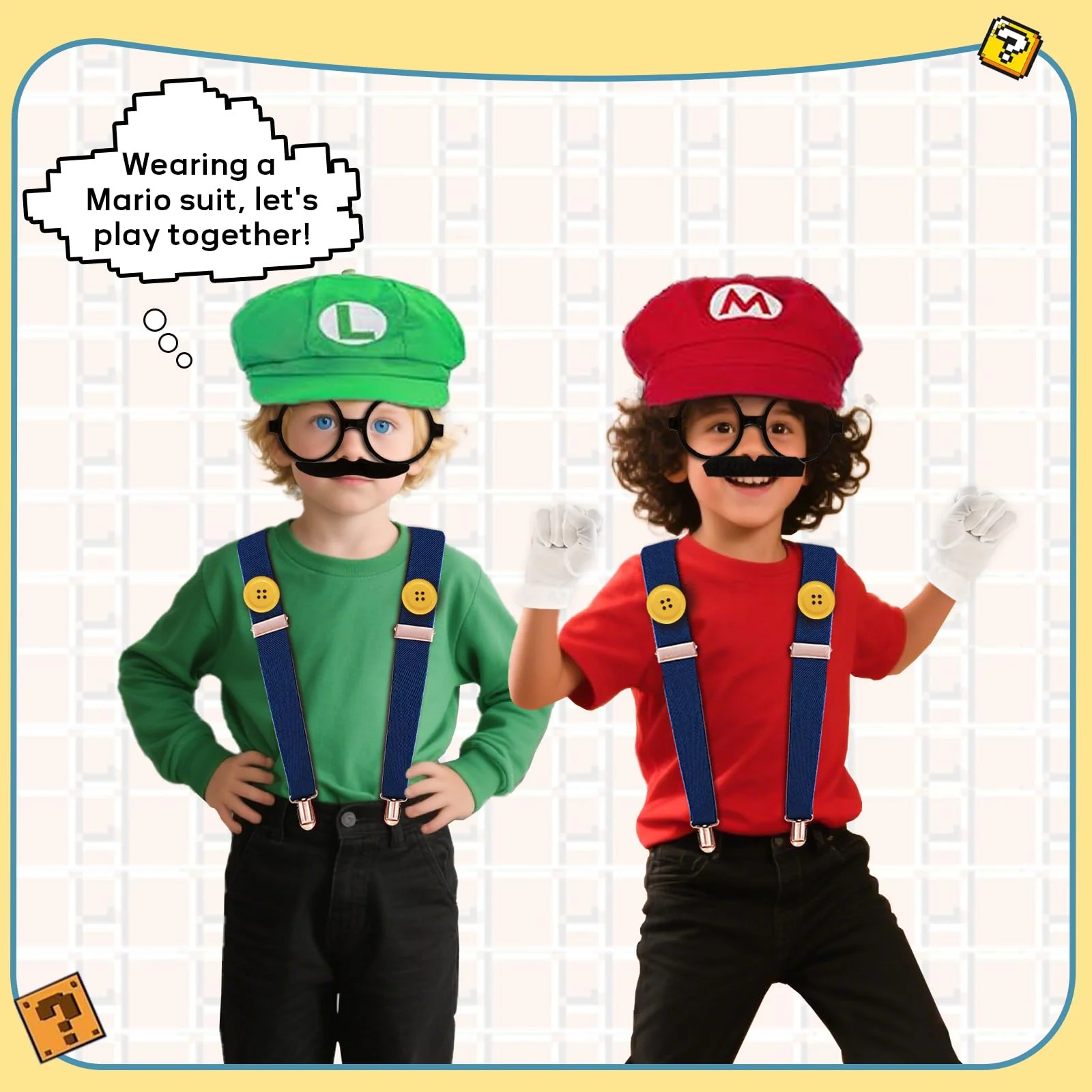 QRT Super Bros Costume Kit with Hat, Mustaches, Suspenders, Gloves Buttons ang Glasses frame for Halloween, Cosplay and Christmas (red&green) - Image 5