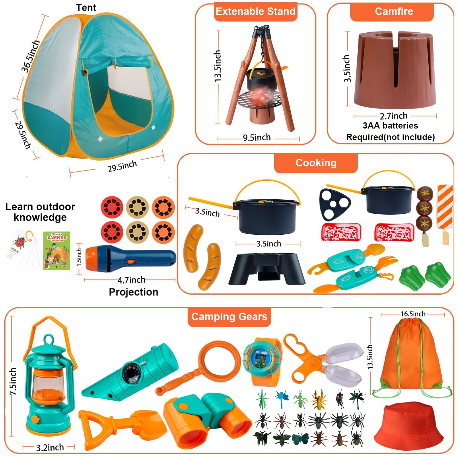 Qtioucp Kids Camping Set 50pcs with Tent & Space Projector Flashlight- Outdoor Campfire Toy Set for Toddlers Kids - Pretend Play Camp Gear Tools for Birthday Christmas - Image 5