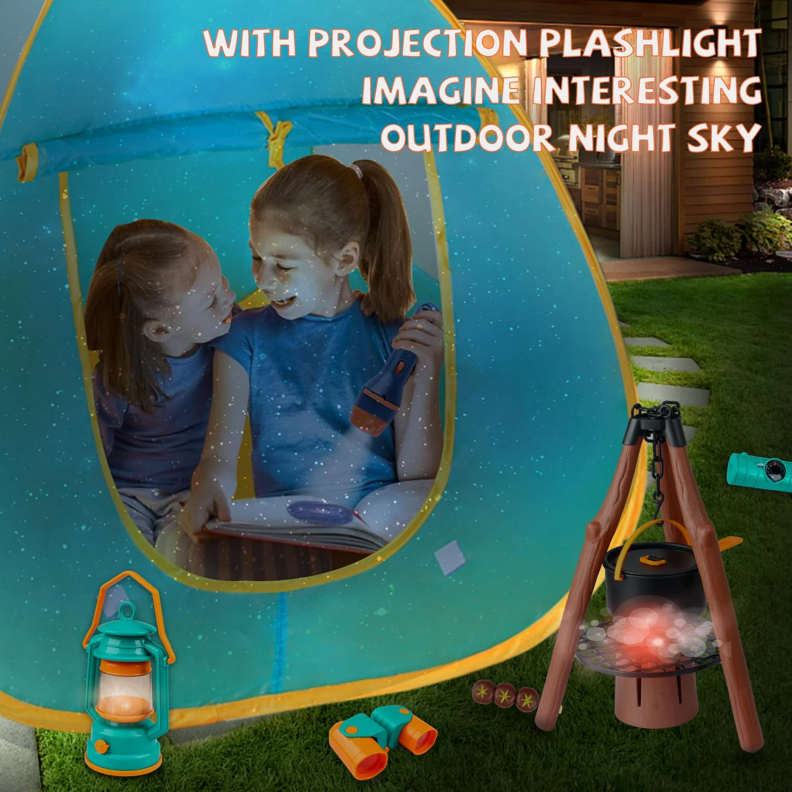Qtioucp Kids Camping Set 50pcs with Tent & Space Projector Flashlight- Outdoor Campfire Toy Set for Toddlers Kids - Pretend Play Camp Gear Tools for Birthday Christmas - Image 6