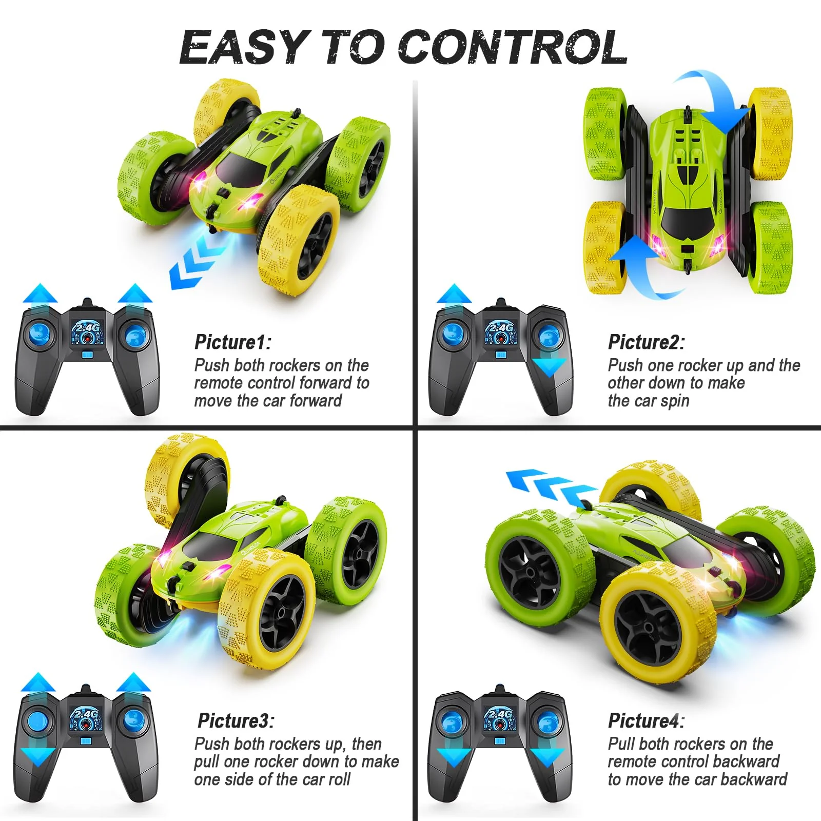 QUNREDA Remote Control Car, RC Car Toys for 6-12 Year Old Boys, Off Road RC Stunt Car 4WD 360° Rotating Remote Control Car for Kids, Boys Girls Gifts for Birthday, Christmas Yellow&Green - Image 2