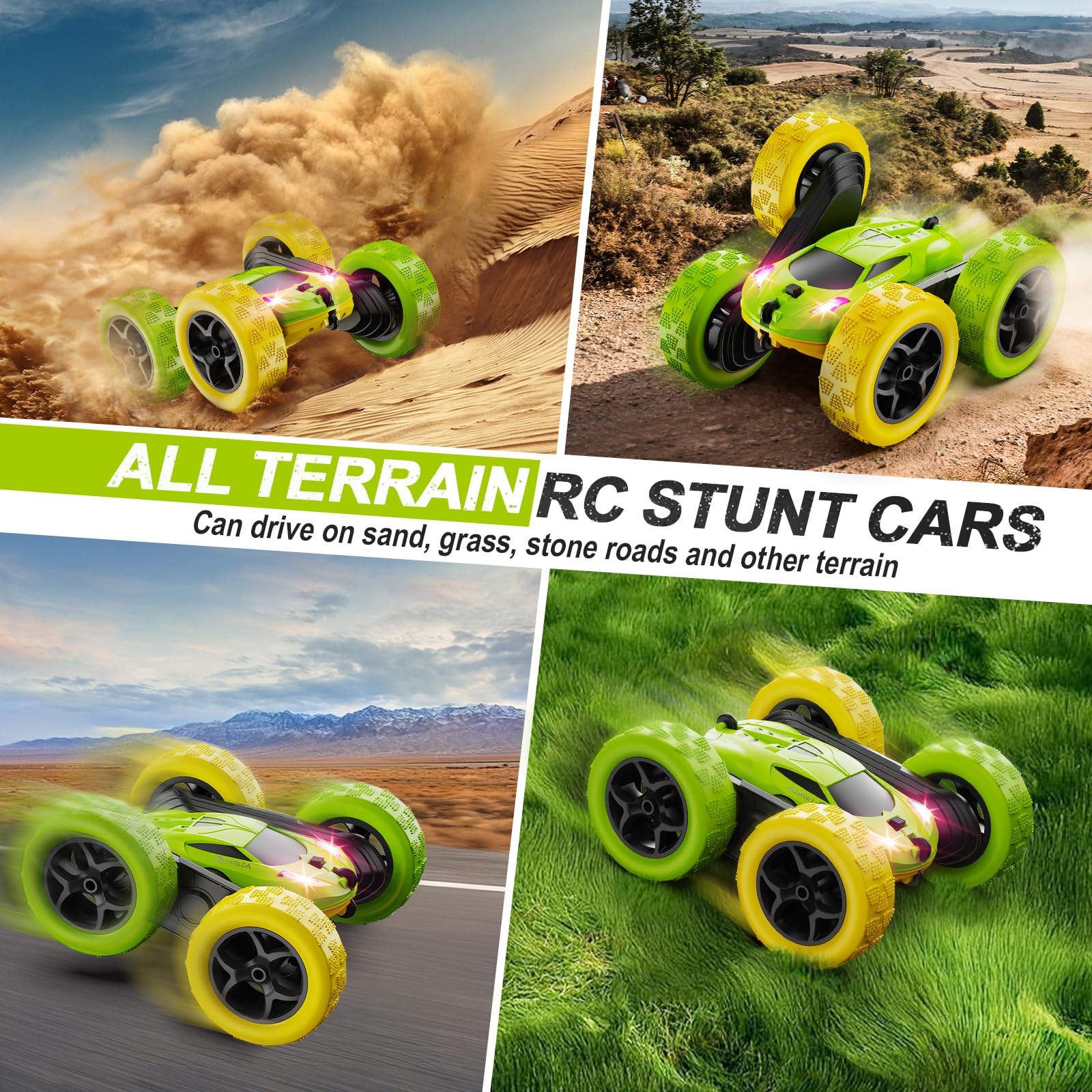 QUNREDA Remote Control Car, RC Car Toys for 6-12 Year Old Boys, Off Road RC Stunt Car 4WD 360° Rotating Remote Control Car for Kids, Boys Girls Gifts for Birthday, Christmas Yellow&Green - Image 3