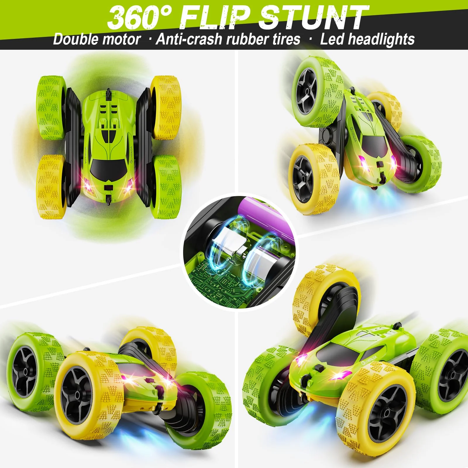 QUNREDA Remote Control Car, RC Car Toys for 6-12 Year Old Boys, Off Road RC Stunt Car 4WD 360° Rotating Remote Control Car for Kids, Boys Girls Gifts for Birthday, Christmas Yellow&Green - Image 4