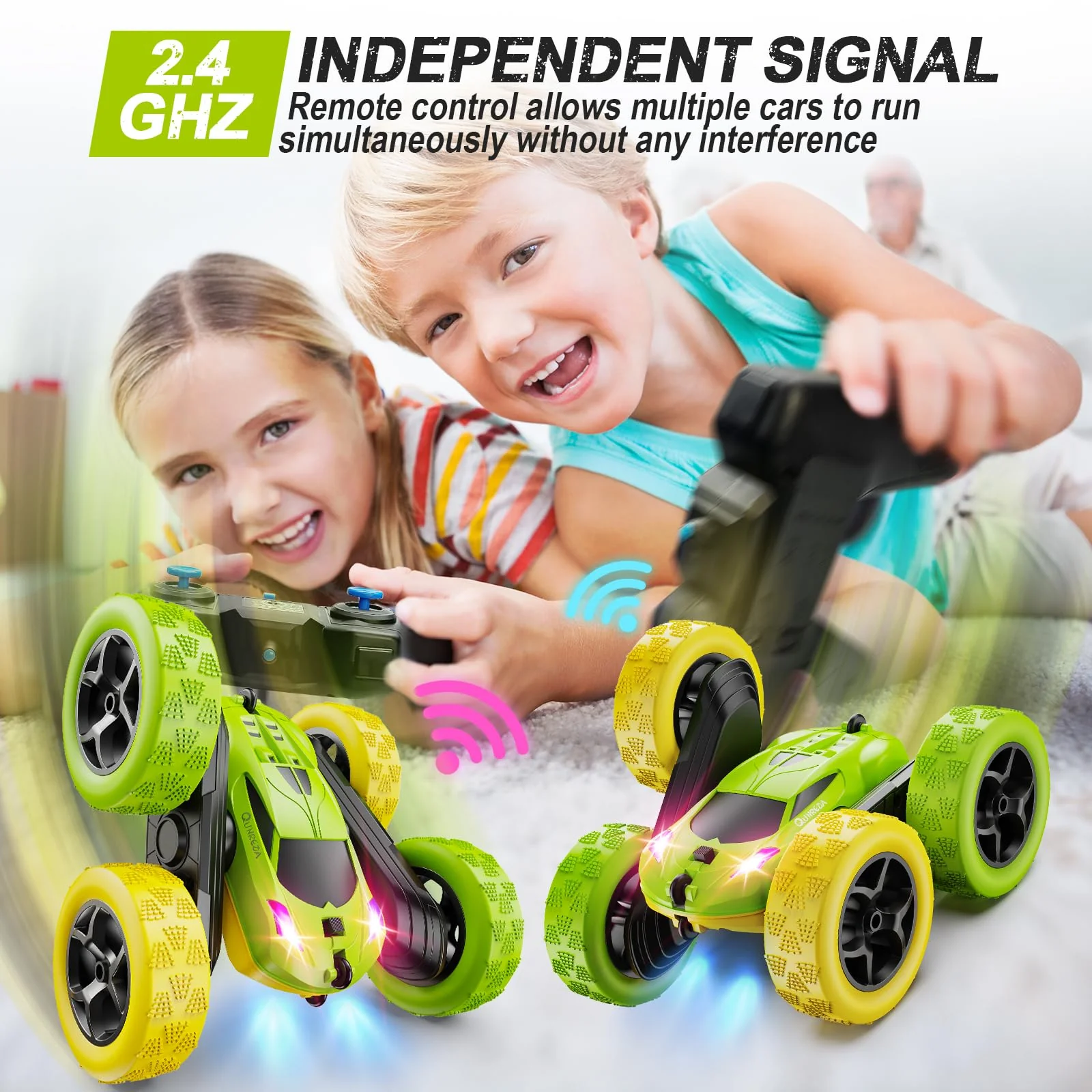 QUNREDA Remote Control Car, RC Car Toys for 6-12 Year Old Boys, Off Road RC Stunt Car 4WD 360° Rotating Remote Control Car for Kids, Boys Girls Gifts for Birthday, Christmas Yellow&Green - Image 5