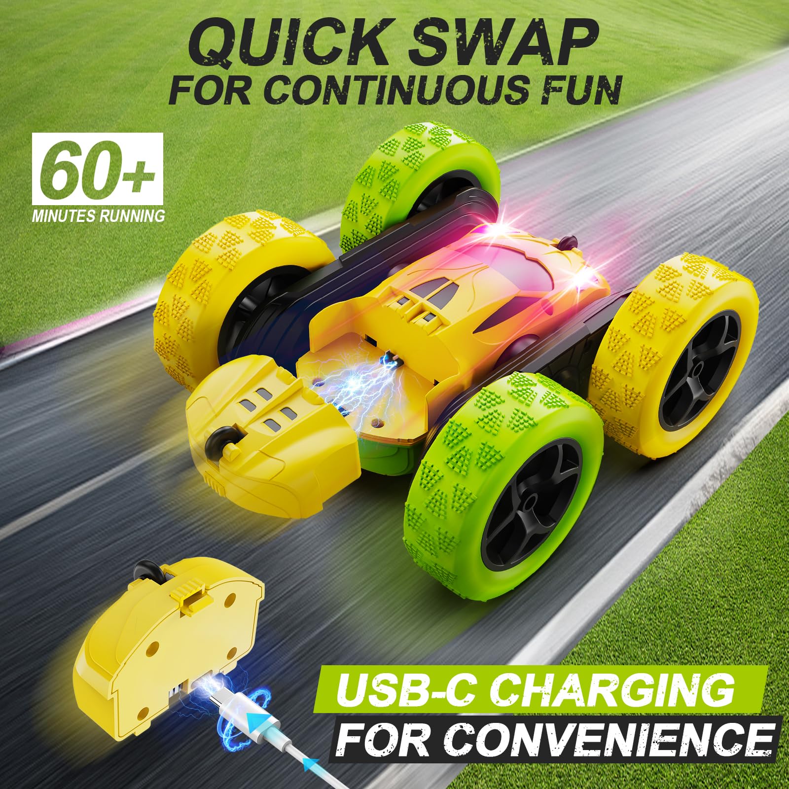 QUNREDA Remote Control Car, RC Car Toys for 6-12 Year Old Boys, Off Road RC Stunt Car 4WD 360° Rotating Remote Control Car for Kids, Boys Girls Gifts for Birthday, Christmas Yellow&Green - Image 6