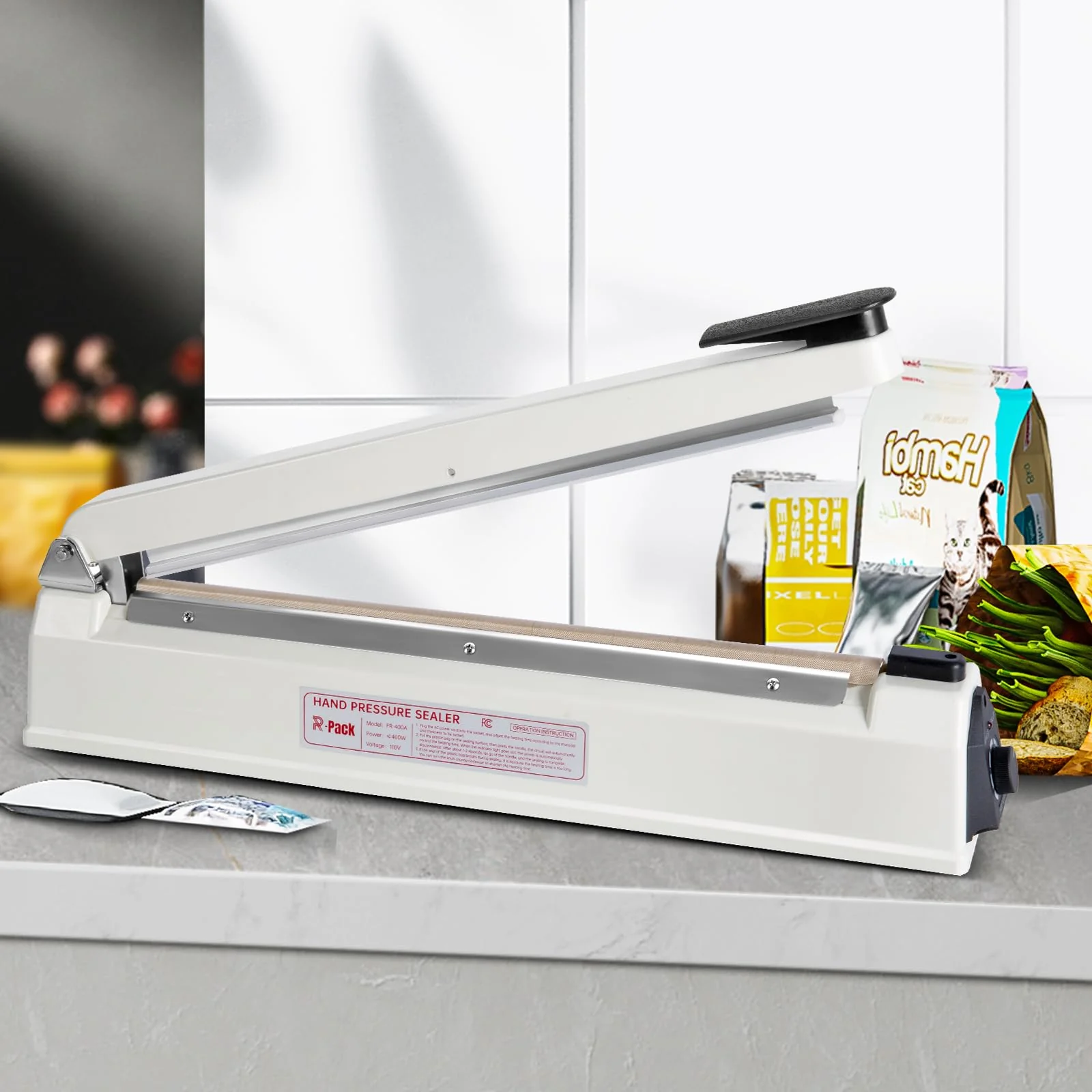 R-PACK Impulse Heat Sealer with Cutter, Heavy-Duty Bag Sealing & Cutting Machine, 2 Extra Replacements (White, 16-Inch) - Image 2
