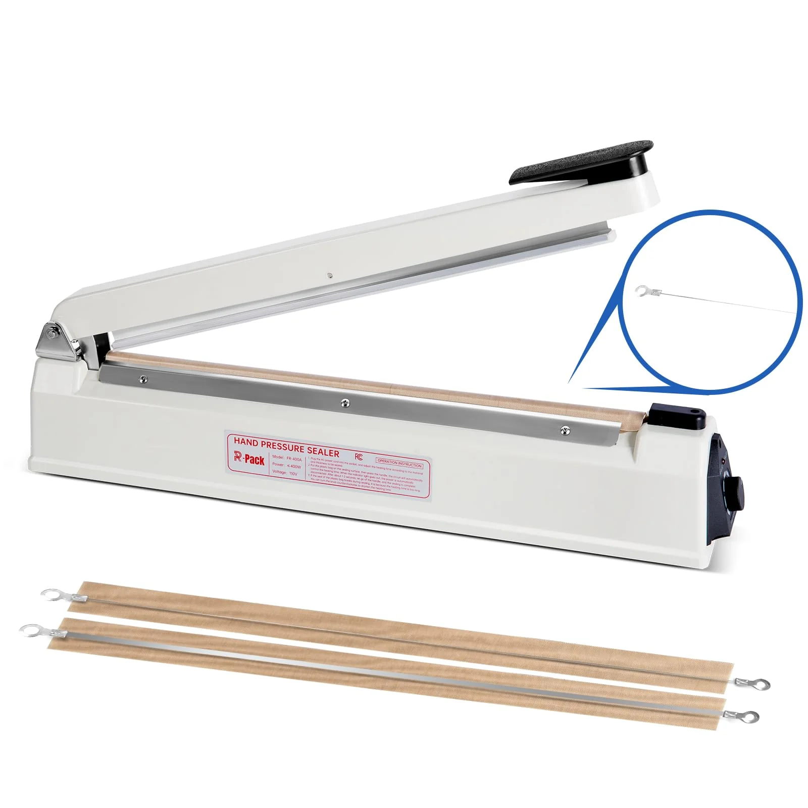 R-PACK Impulse Heat Sealer with Cutter, Heavy-Duty Bag Sealing & Cutting Machine, 2 Extra Replacements (White, 16-Inch) - Image 9