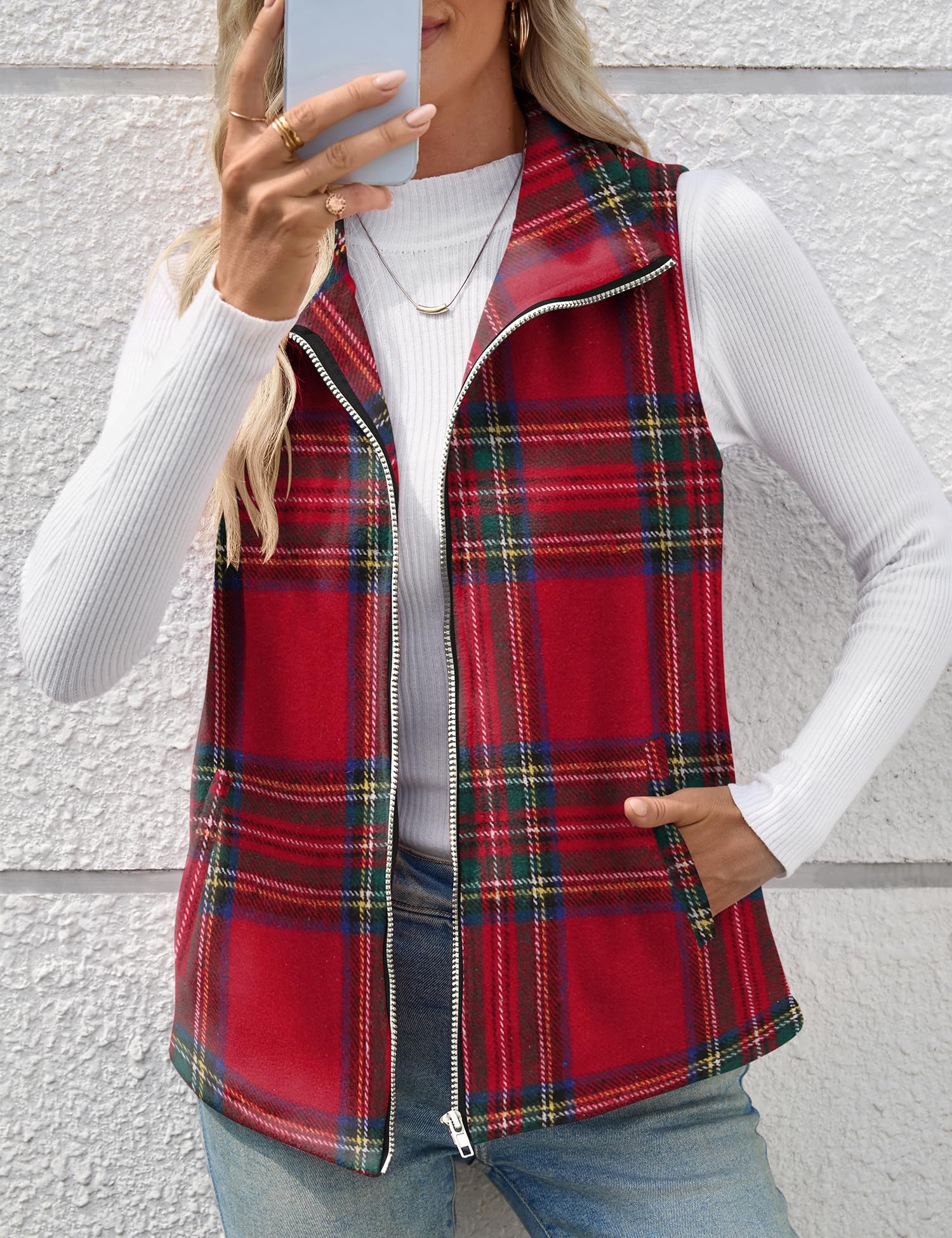 Rapbin Women's Dressy Casual Christmas Vest Cherckered Waistcoat Coat Sleeveless Jacket Vest Tops with Pockets - Image 5