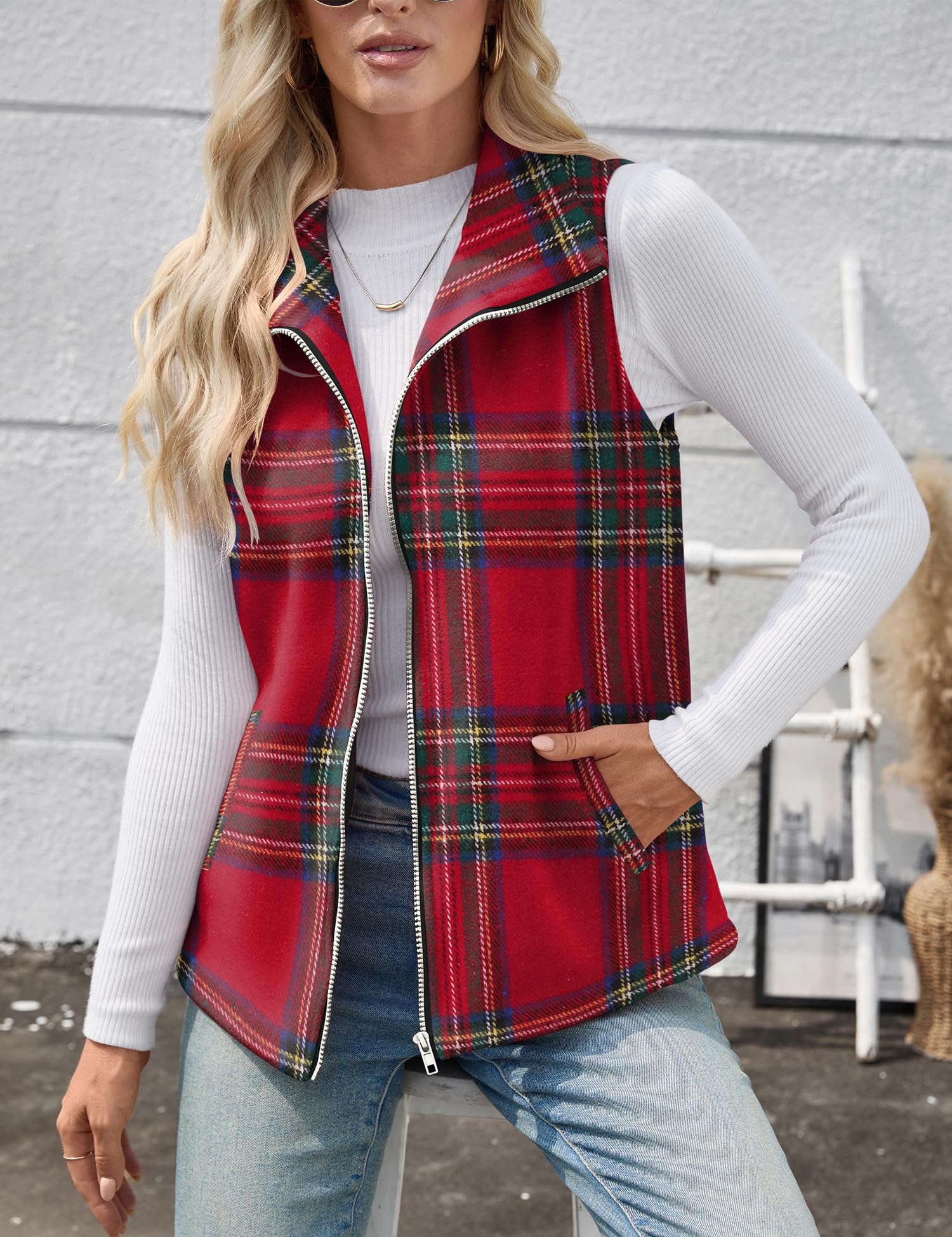 Rapbin Women's Dressy Casual Christmas Vest Cherckered Waistcoat Coat Sleeveless Jacket Vest Tops with Pockets - Image 6