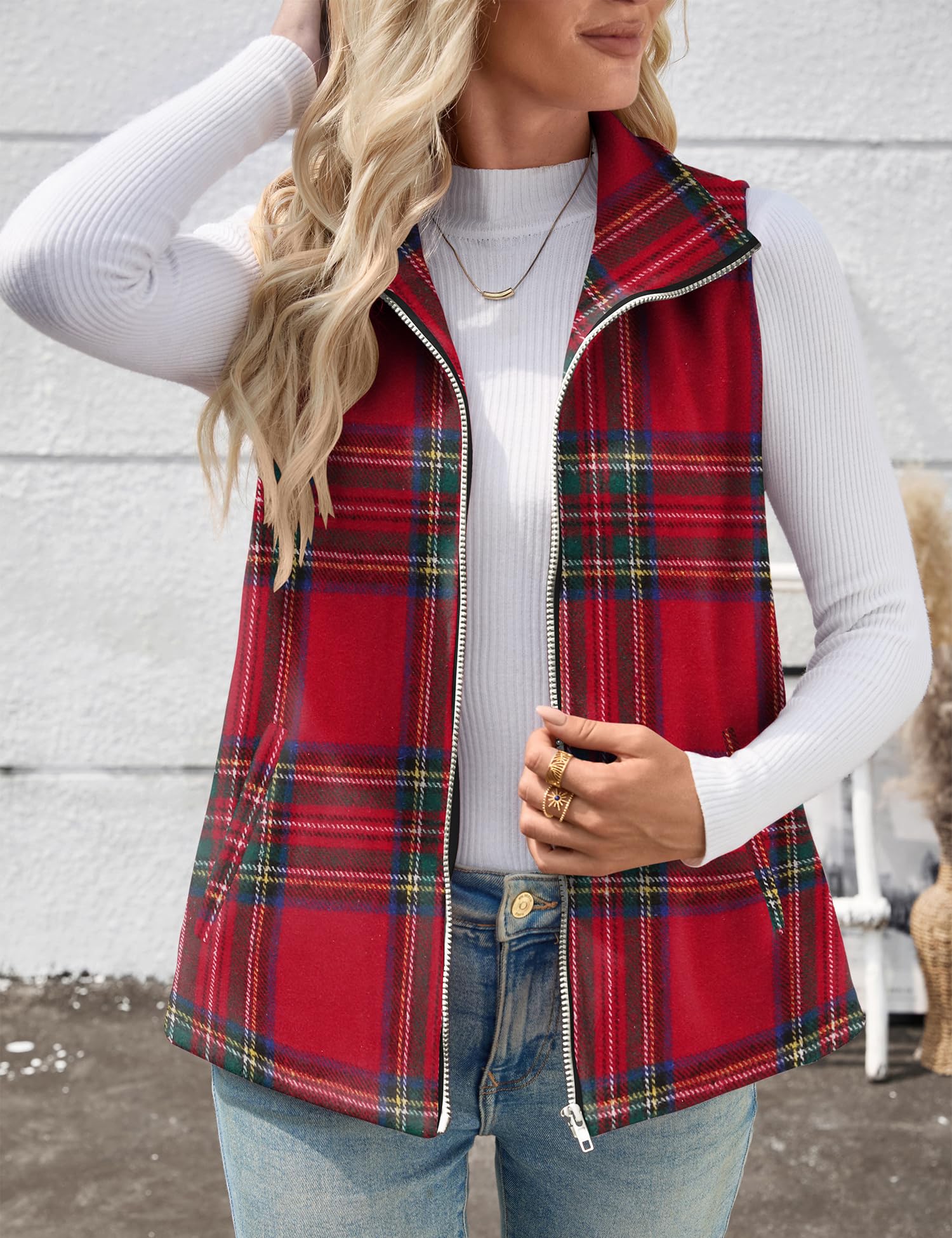 Rapbin Women's Dressy Casual Christmas Vest Cherckered Waistcoat Coat Sleeveless Jacket Vest Tops with Pockets - Image 7