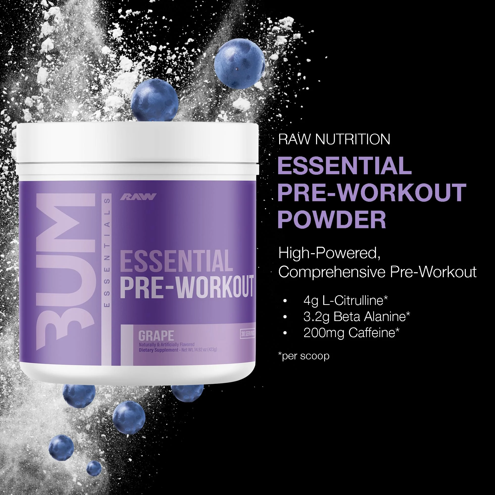 RAW Essential Pre-Workout Powder (Grape) - Chris Bumstead Sports Nutrition Supplement for Men & Women - Preworkout Energy Powder with Caffeine, L-Citrulline, L-Tyrosine, & Beta Alanine Blend - Image 6