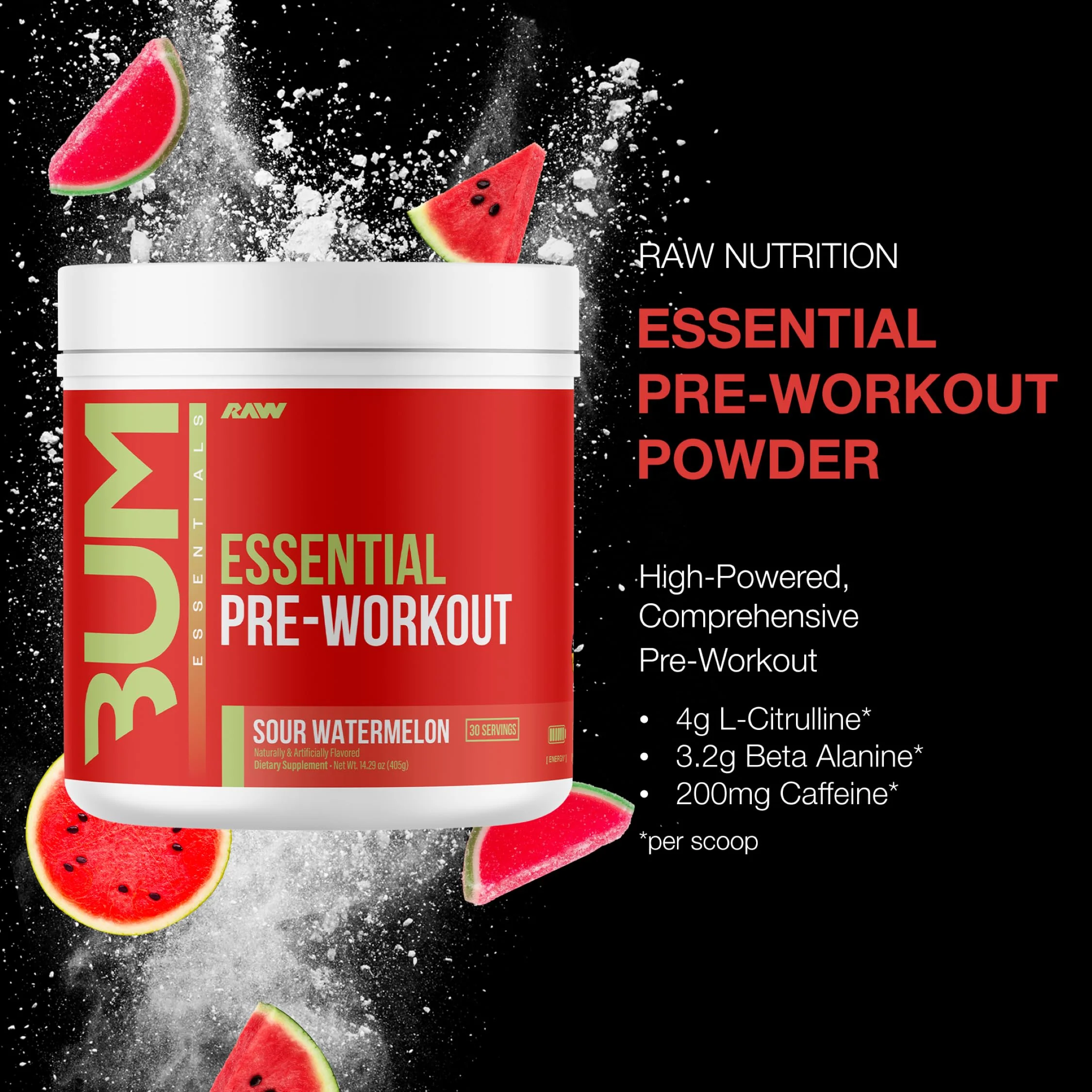 RAW Essential Pre-Workout Powder (Sour Watermelon) - Chris Bumstead Sports Nutrition Supplement for Men & Women - Preworkout Energy Powder with Caffeine, L-Citrulline, L-Tyrosine, & Beta Alanine Blend - Image 6