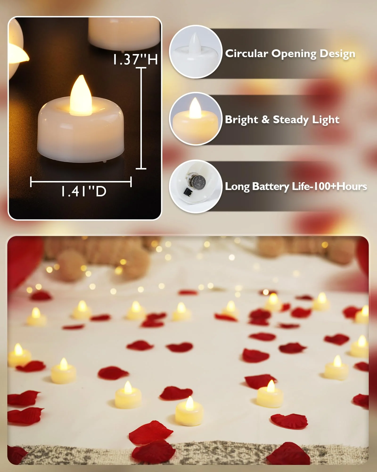 Raycare 100Pack Battery Operated Tea Lights Candles, Long Lasting Fake Candles, Flameless LED Tea Lights, Electric Candle for Wedding, Centerpieces, Home Decor, Halloween, Christmas - Image 9