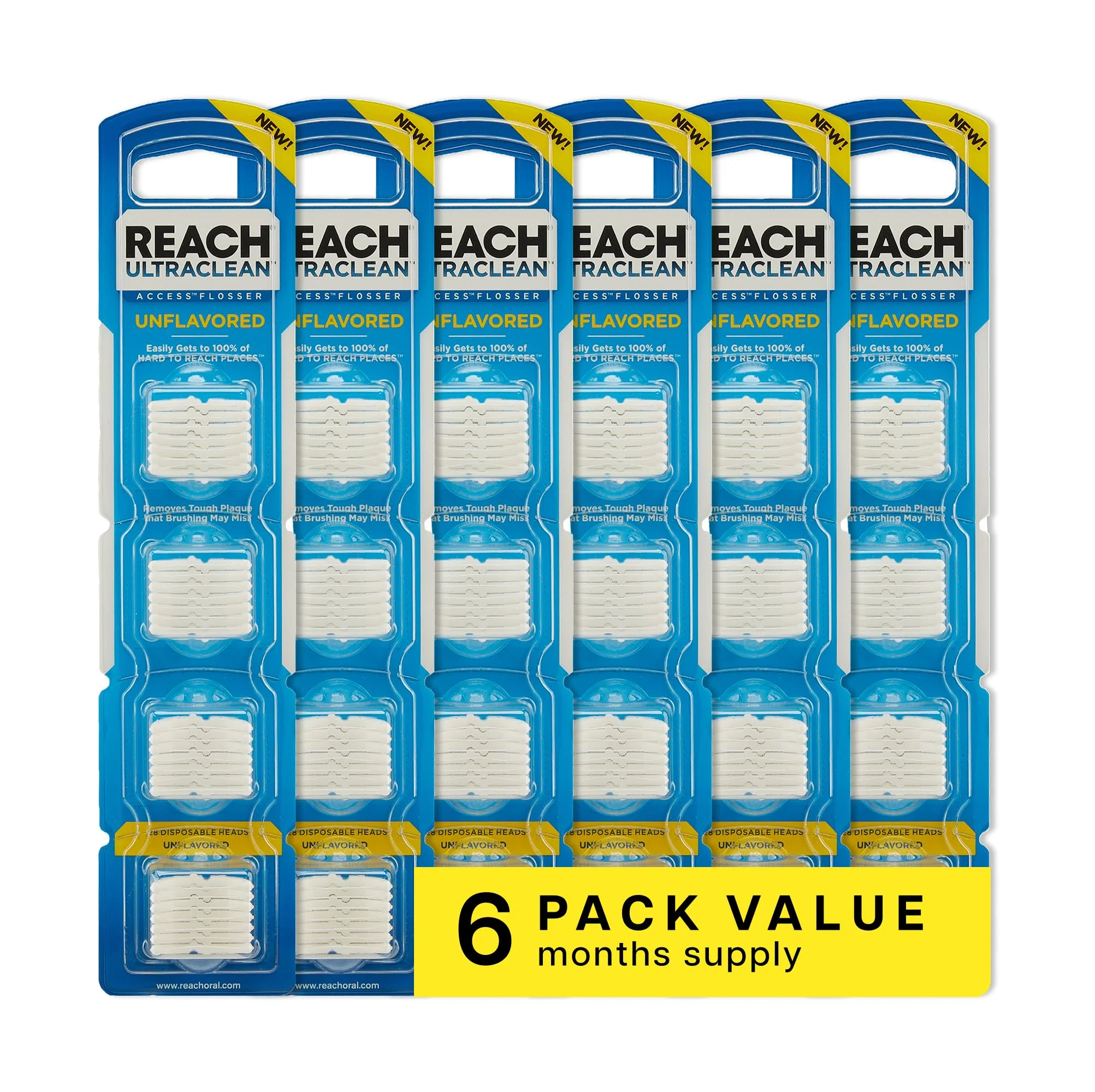 REACH Ultraclean Access Flosser Refill Heads, Unflavored, Plaque Remover for Teeth, Shred Resistant, for Hard to Reach Areas, Oral Care, PFAS Free, for Adults & Kids, 6 Pack, 28 Count