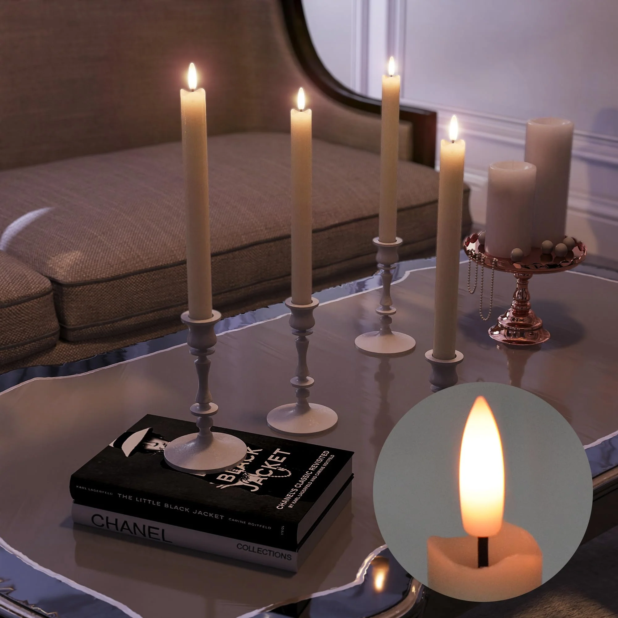 Rechargeable Flameless Taper Candles with Charging Station, 6 Pcs Real Wax LED Taper Candles Flickering with Remote&Timer, 3D Flame Battery Candlesticks for Home Wedding Christmas Decor (Ivory) - Image 2