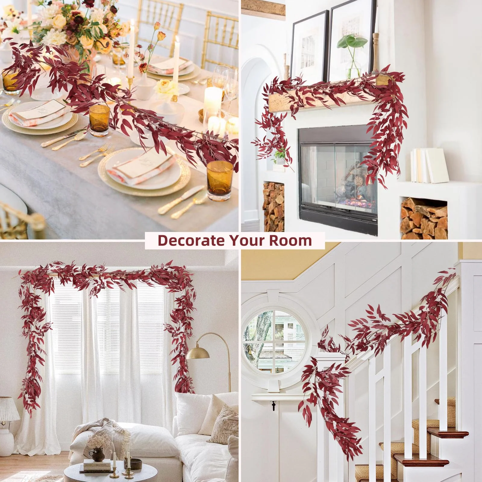 RECUTMS Artificial Hanging Willow Leaves Vine Twigs 2Pcs 5.7Ft Fake Silk Burgundy Leaf Ivy Fall Garland Faux Greenery Indoor Outdoor Valentines Day Wedding Birthday Christmas Thanksgiving Party Decor - Image 8