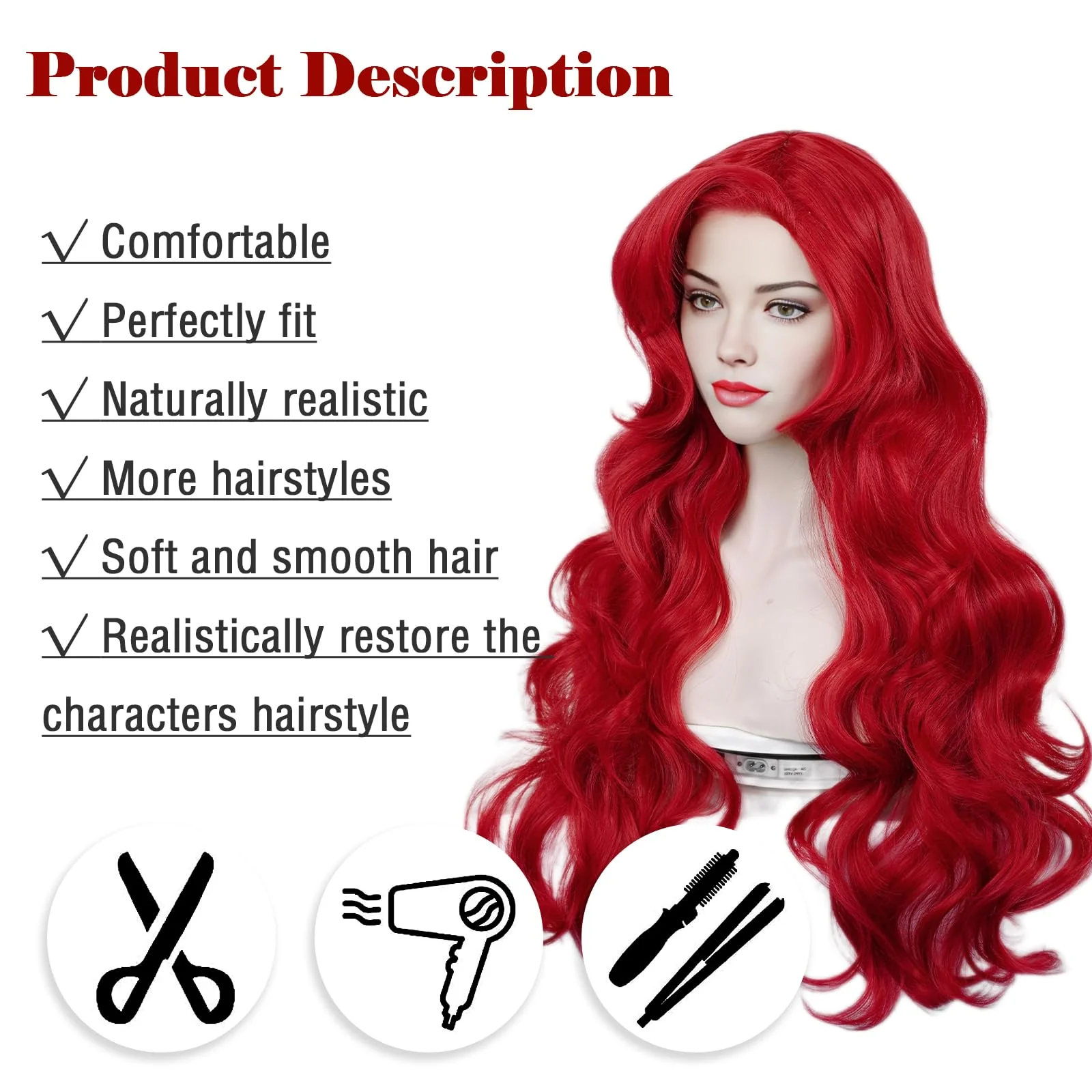 Red Curly Wig , Max Beauty Red Mermaid Cosplay Wigs for Woman with Starfish Hair Clips, Adult Long Hair Daily Wig Heat Resistant Synthetic Fiber for Halloween for Cosplay for Christmas (Red 1) - Image 3