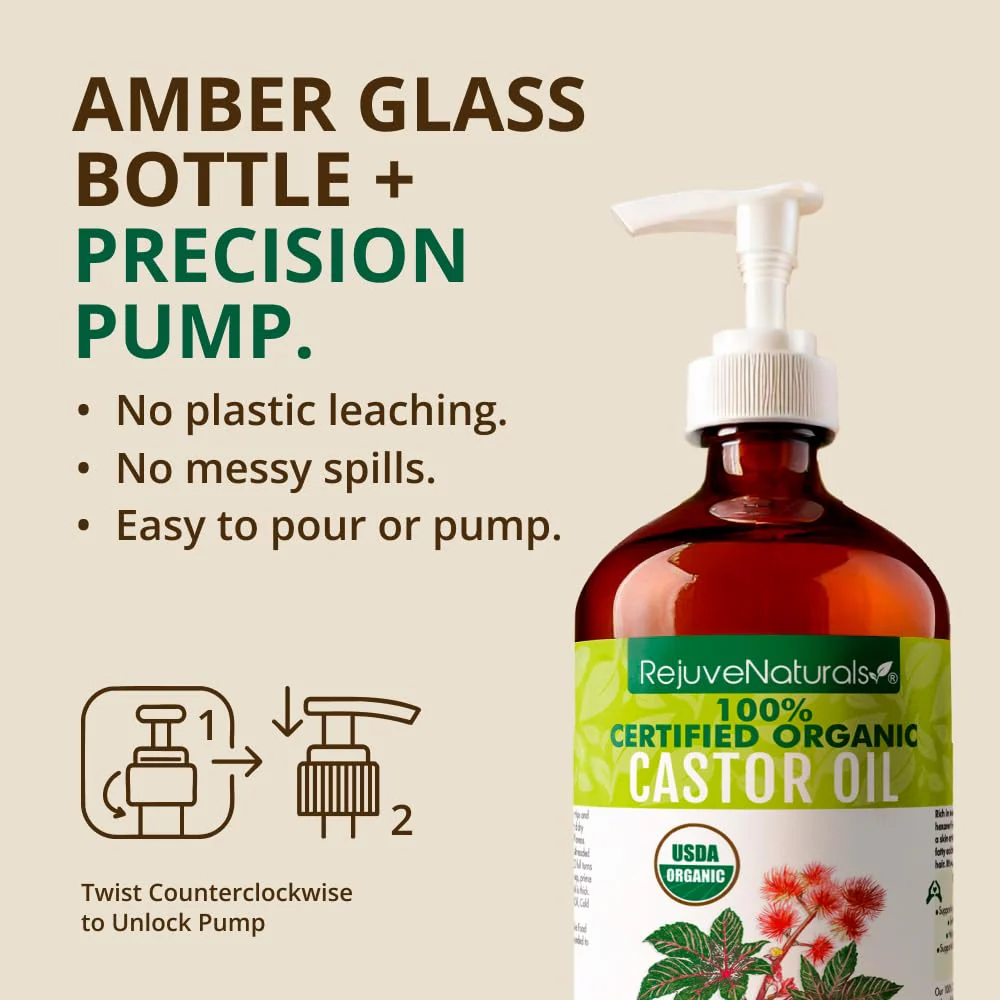 RejuveNaturals Castor Oil (16oz Glass Bottle) USDA Certified Organic, 100% Pure, Cold Pressed, Hexane Free. Boost Hair Growth for Thicker, Fuller Hair, Lashes & Eyebrows. - Image 2