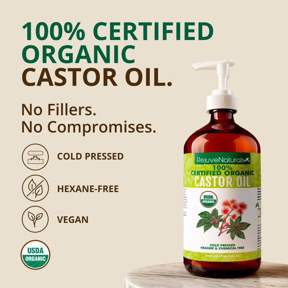 RejuveNaturals Castor Oil (16oz Glass Bottle) USDA Certified Organic, 100% Pure, Cold Pressed, Hexane Free. Boost Hair Growth for Thicker, Fuller Hair, Lashes & Eyebrows. - Image 6