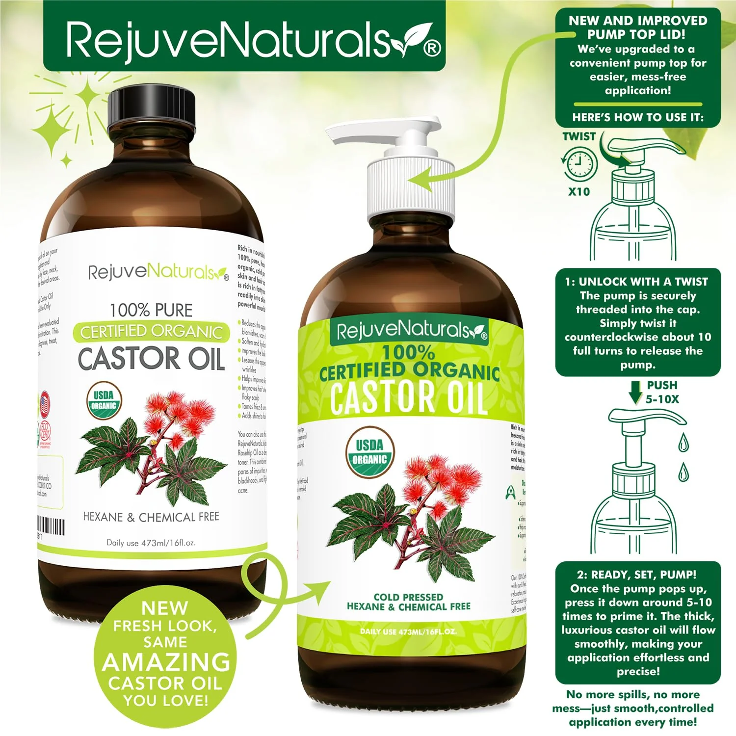 RejuveNaturals Castor Oil (16oz Glass Bottle) USDA Certified Organic, 100% Pure, Cold Pressed, Hexane Free. Boost Hair Growth for Thicker, Fuller Hair, Lashes & Eyebrows. - Image 7