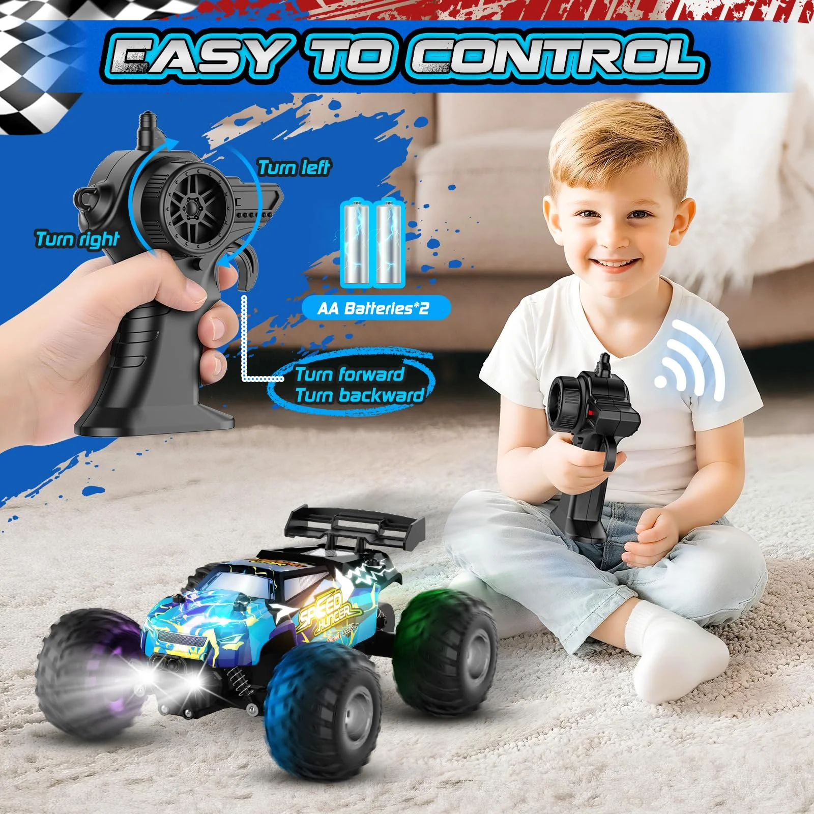 Remote Control Car, 1:18 2WD Off-Road RC Truck 20 KM/H, All-Terrain RC Cars with Headlights, BodyLights, 2.4GH Rechargeable Remote Control Monster Truck, Christmas or Birthday Gift Toys for Boys Girls - Image 5